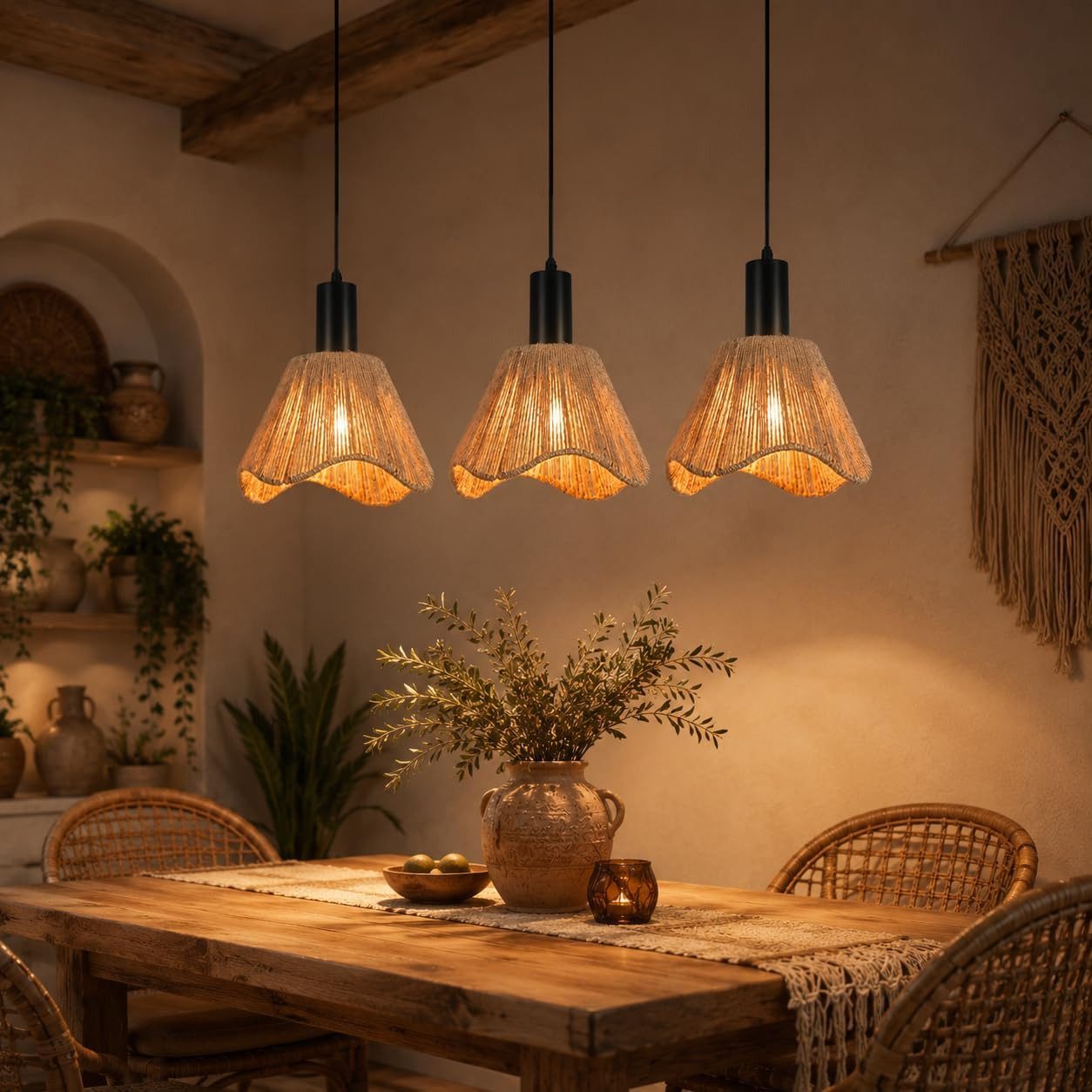 ZMH Pendelleuchte Hängelampe Boho Pendelleuchte Rattan 1/3 Flammig Vintage Geflochten, ohne Leuchtmittel, E27 Hängeleuchte