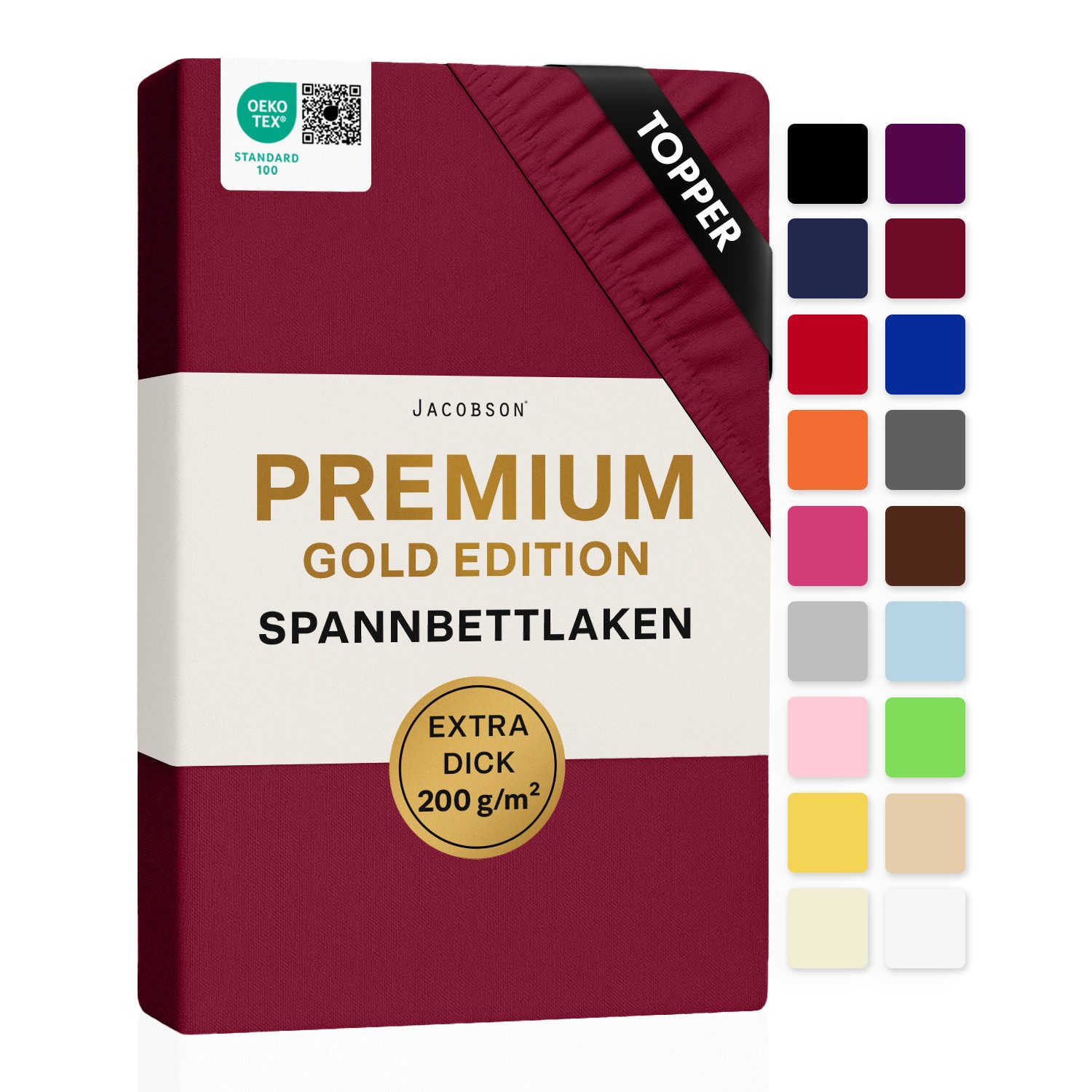 Jacobson Spannbettlaken TOPPER PREMIUM 200 g/m² Jersey aus 97% Baumwolle & 3% Elasthan, Extra dichtes Bettlaken für maximalen Halt
