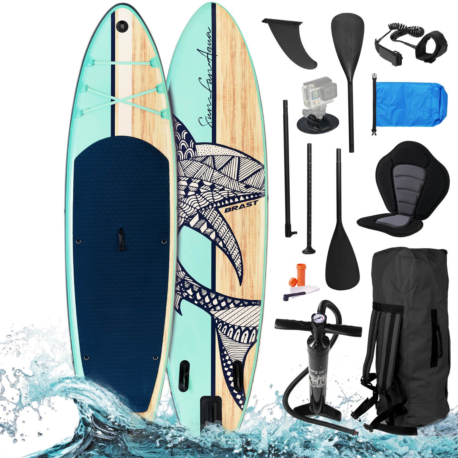 BRAST SUP-Board Shark, Aufblasbares Stand up Paddle Set, 320x81x15cm, 8 Designs, 5 Jahre Garantie, inkl. Sonderzubehör