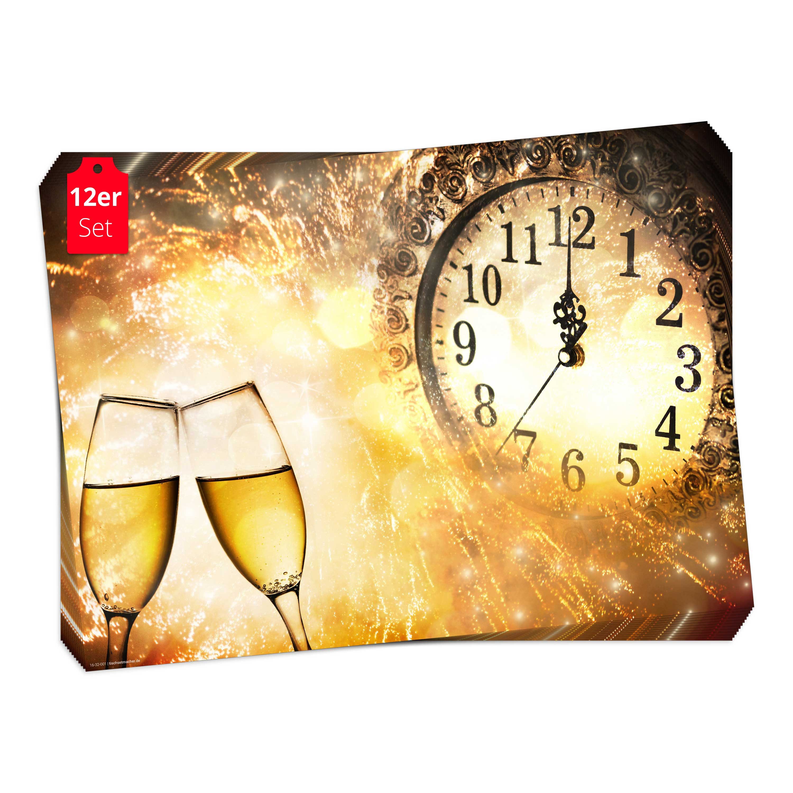 Tischsetmacher Platzset Tischsets I Platzsets - Silvester - Silvesterdeko - Sektgläser mit Uhr, (aus hochwertigem Papier, 12-St., 44 x 32 cm), Made in Germany