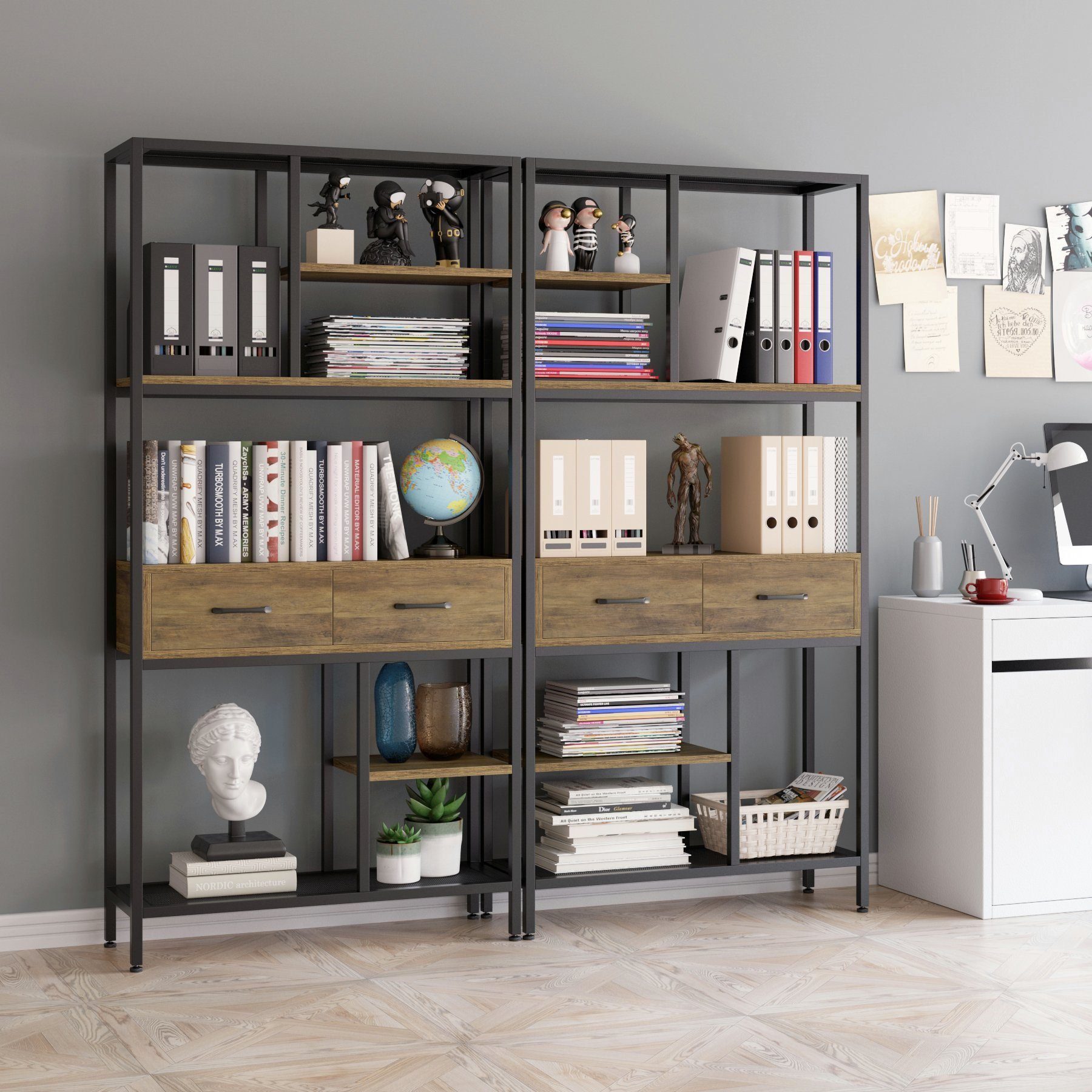 HOMECHO Bücherregal, Standregal mit Schubladen und Ablagen stabil 90x30x180cm