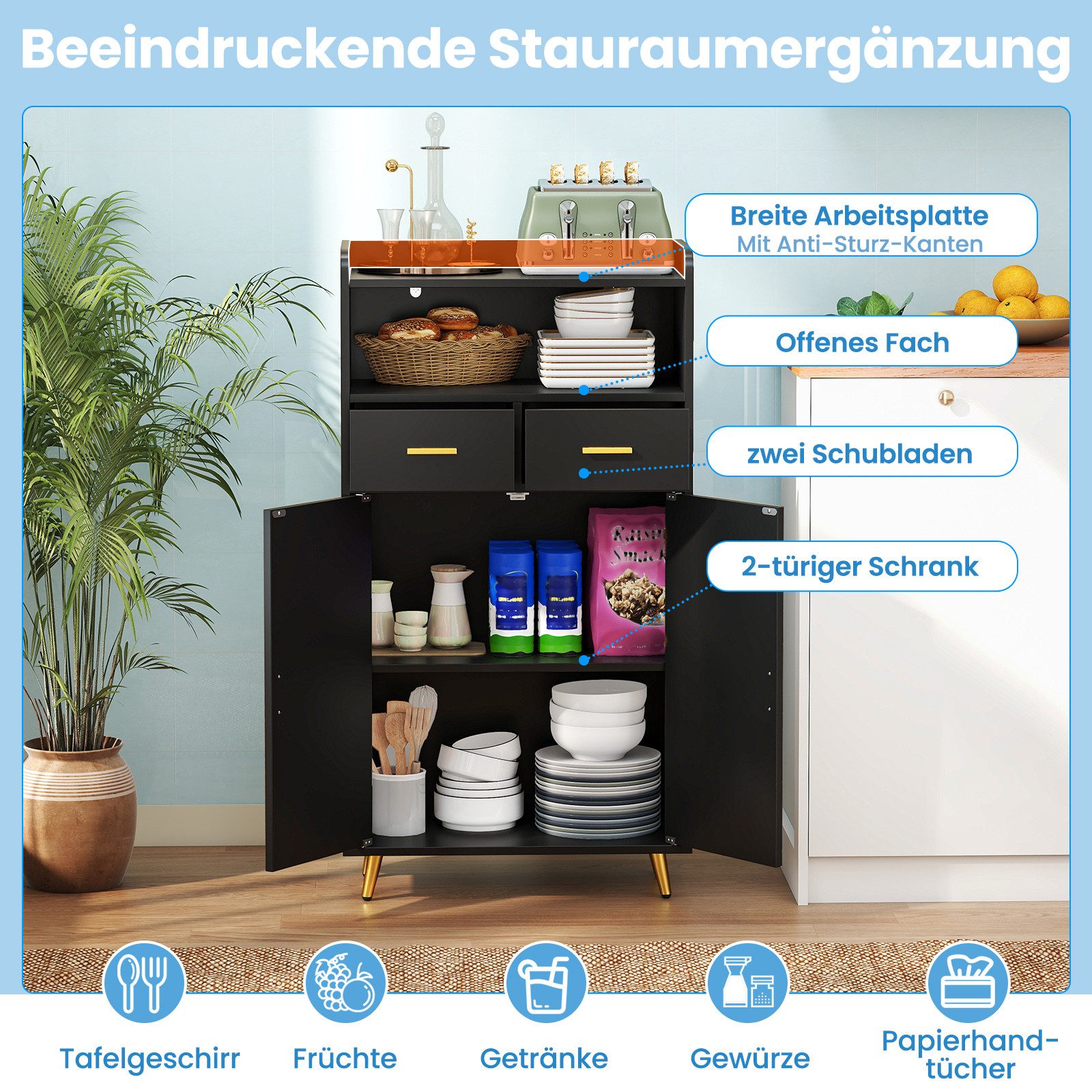 COSTWAY Vorratsschrank Küchenschrank mit Schubladen & verstellbarem Regal Holz