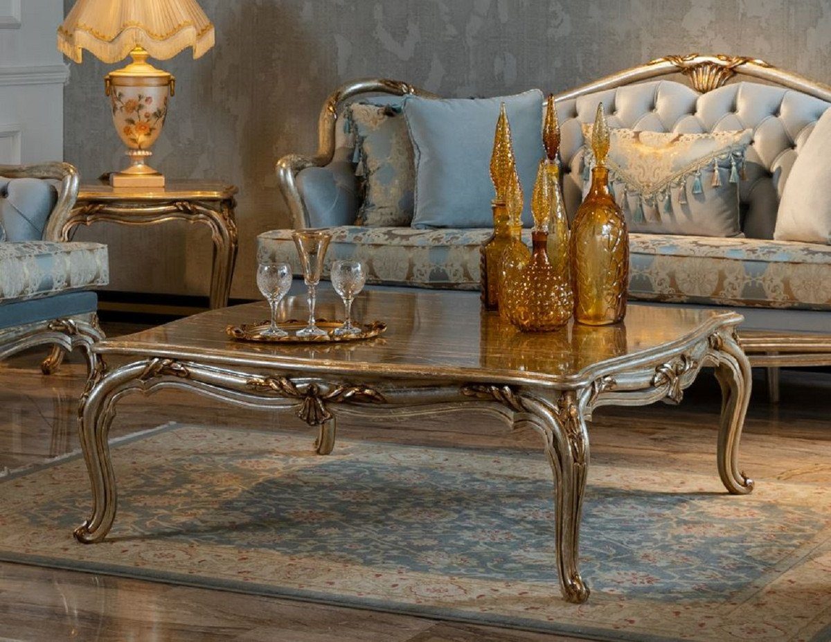 / Couchtisch Handgefertigter Couchtisch Barock Barock Luxus Padrino Gold Massivholz Silber Wohnzimmertisch - - Möbel Casa