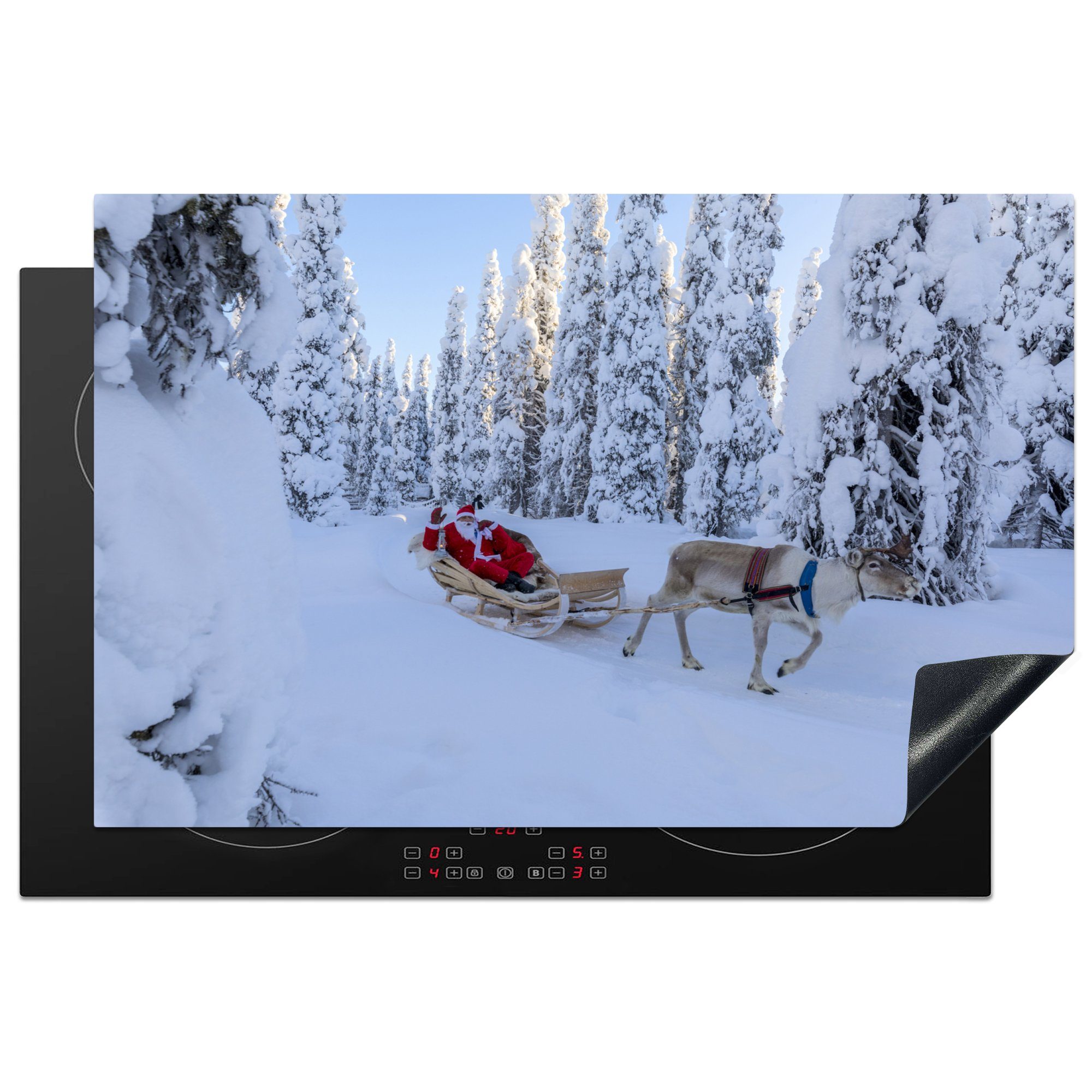 MuchoWow Herdblende-/Abdeckplatte Rentiere ziehen den Weihnachtsmann auf einem Schlitten in Lappland, Vinyl, (1 tlg), 81x52 cm, Induktionskochfeld Schutz für die küche, Ceranfeldabdeckung