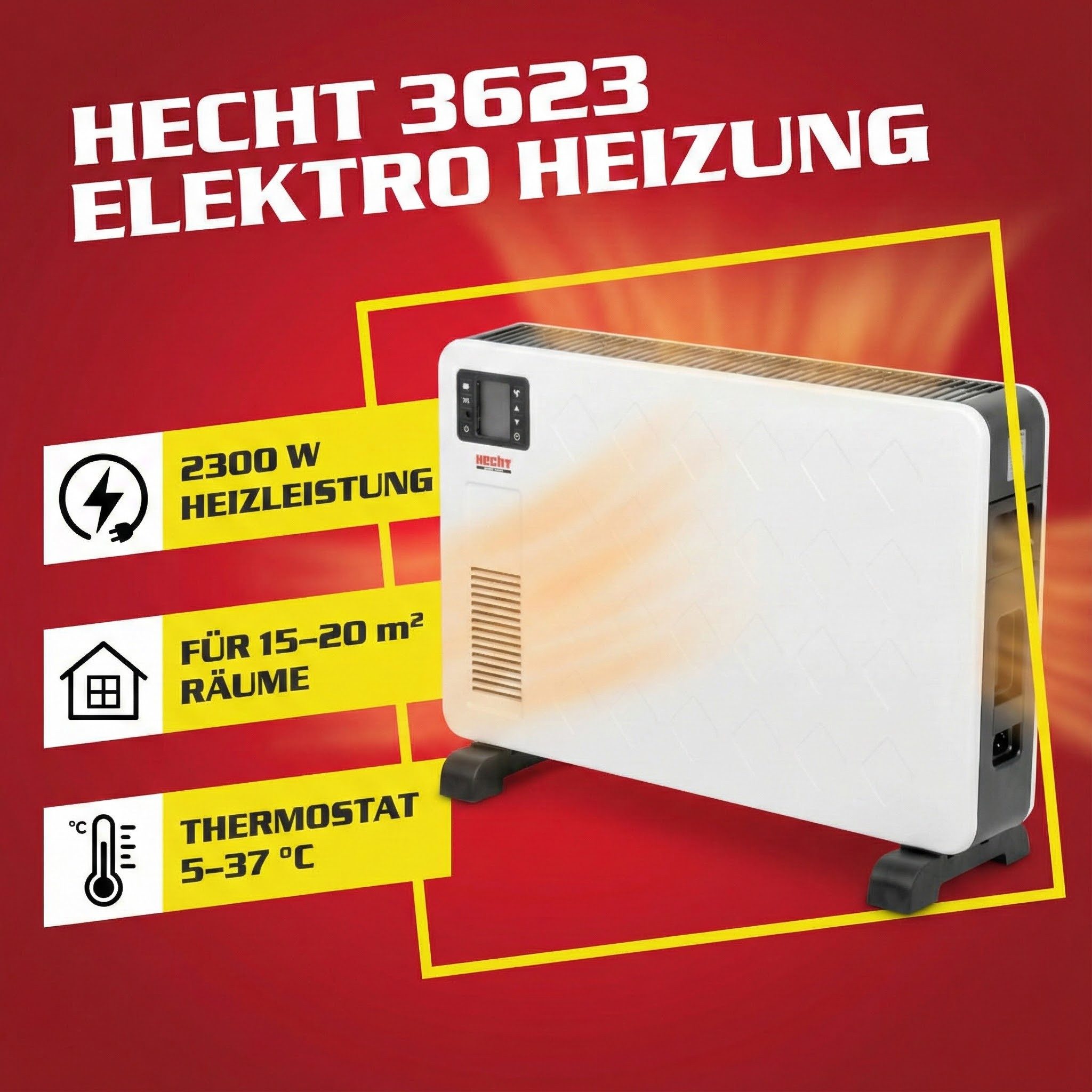 Hecht Konvektor Elektro Heizung Heizlüfter Elektroheizer 3623, 2300 W, Thermostat, Timer, Stromsparend