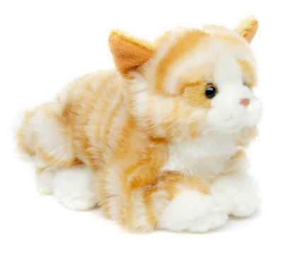 Uni-Toys Kuscheltier Katze mit Stimme (braun-weiß) - 20 cm (Länge) - Plüsch, Plüschtier, zu 100 % recyceltes Füllmaterial