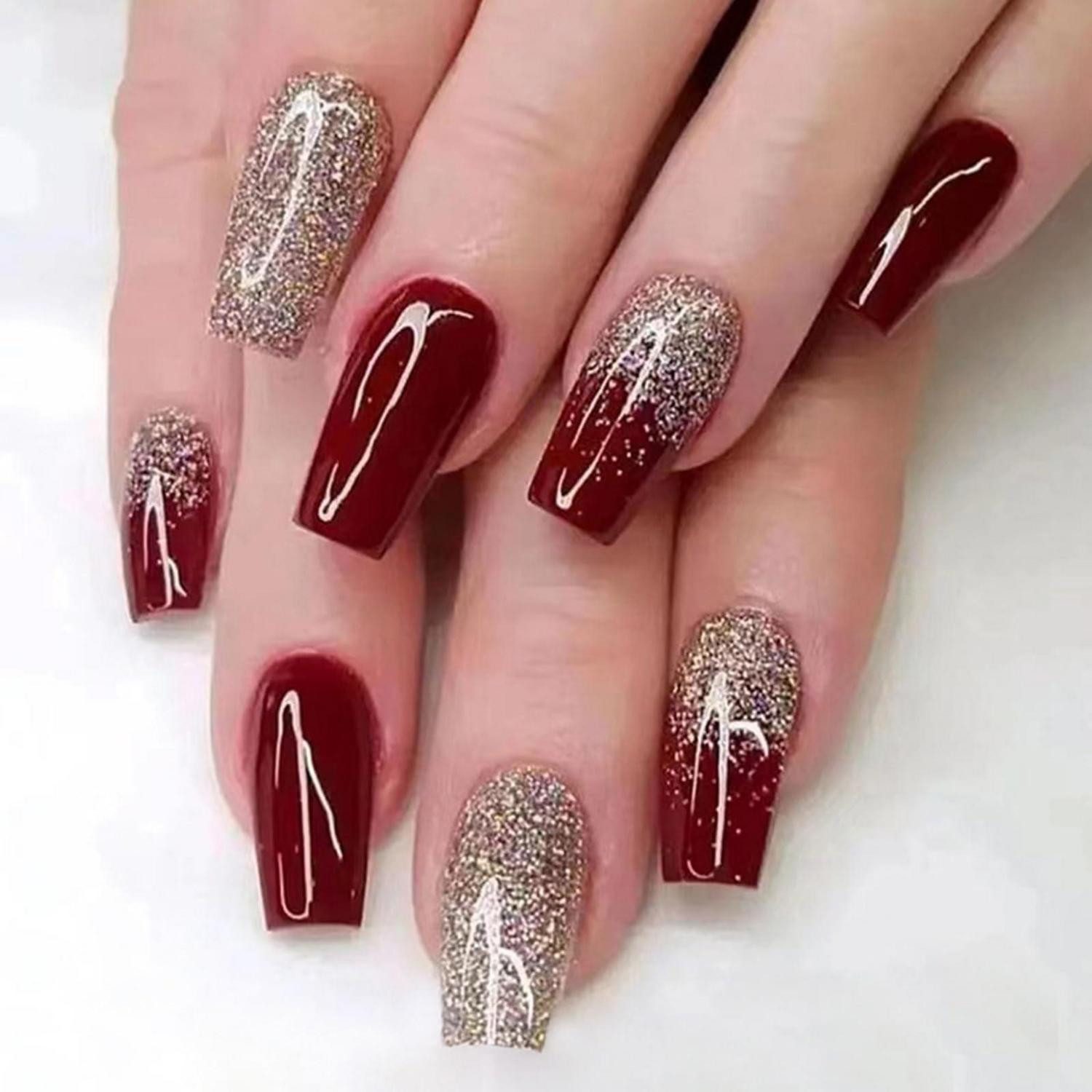 LuxusKollektion Kunstfingernägel Kunstnägel French Rot Glossy Glitzer Kurz