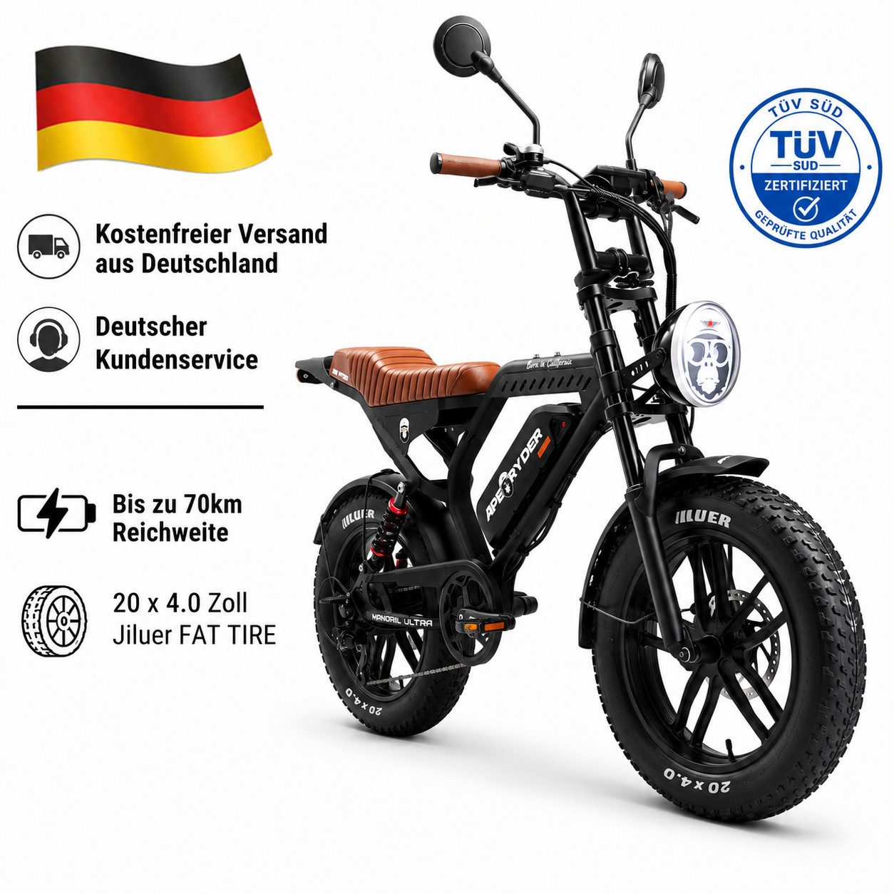 APE RYDER E-Bike Mountainbike Fatbike 20 Zoll 48V 15Ah Akku, bis 80 km, Shimano 7-Gang, hydraulisch, 7 Gang, Kettenschaltung, Heckmotor, 1680 Wh, (Packung)