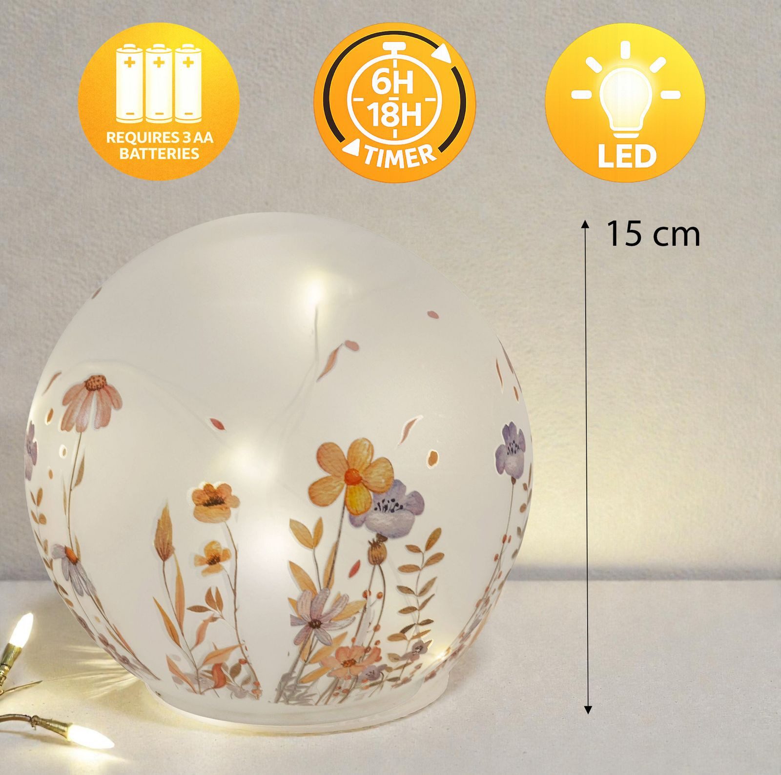 formano LED Dekolicht Deko Kugel Glas Wiesenblumen 15 cm matte Glasleuchte mit Blumen-Dekor, LED fest integriert – Bild 3 von 3