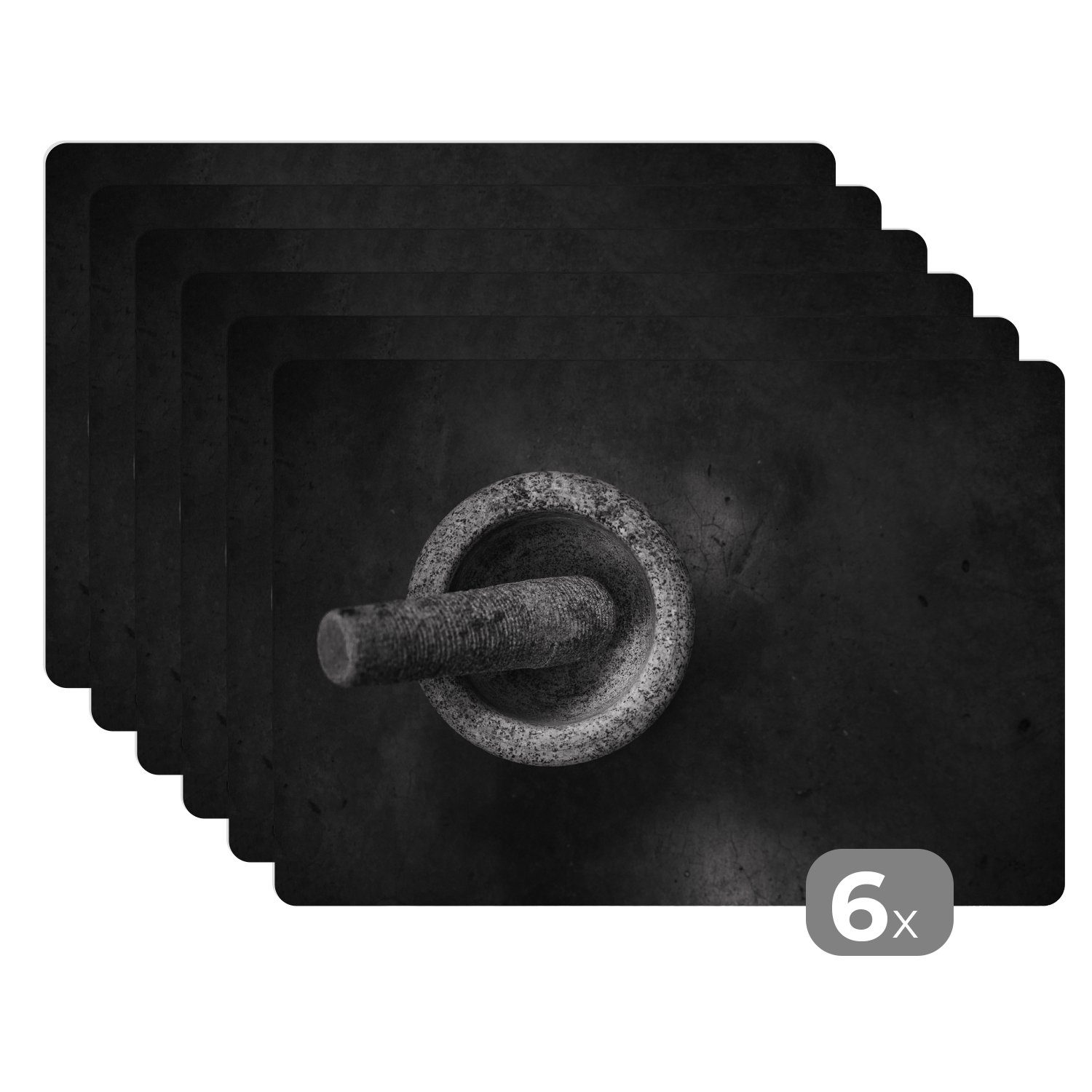 Platzset, Eine Schwarz-Weiß-Fotografie eines Mörsers, MuchoWow, (6-St), Platzset, Platzdecken, Platzmatte, Tischmatten, Schmutzabweisend | Tischsets