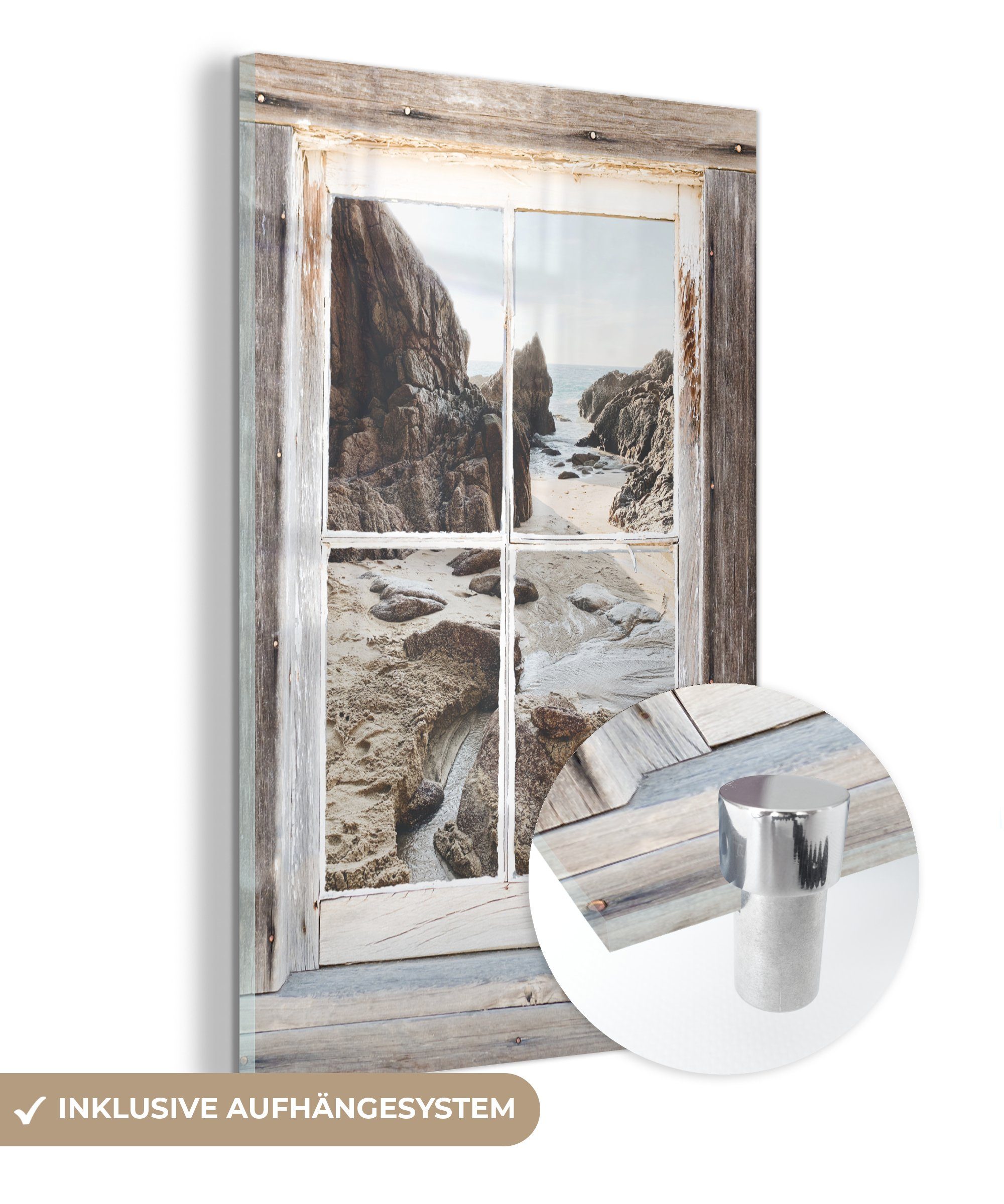 MuchoWow Acrylglasbild Durchblick - Holz - Strand, (1 St), Glasbilder - Bilder auf Glas Wandbild - Foto auf Glas - Wanddekoration | Bilder