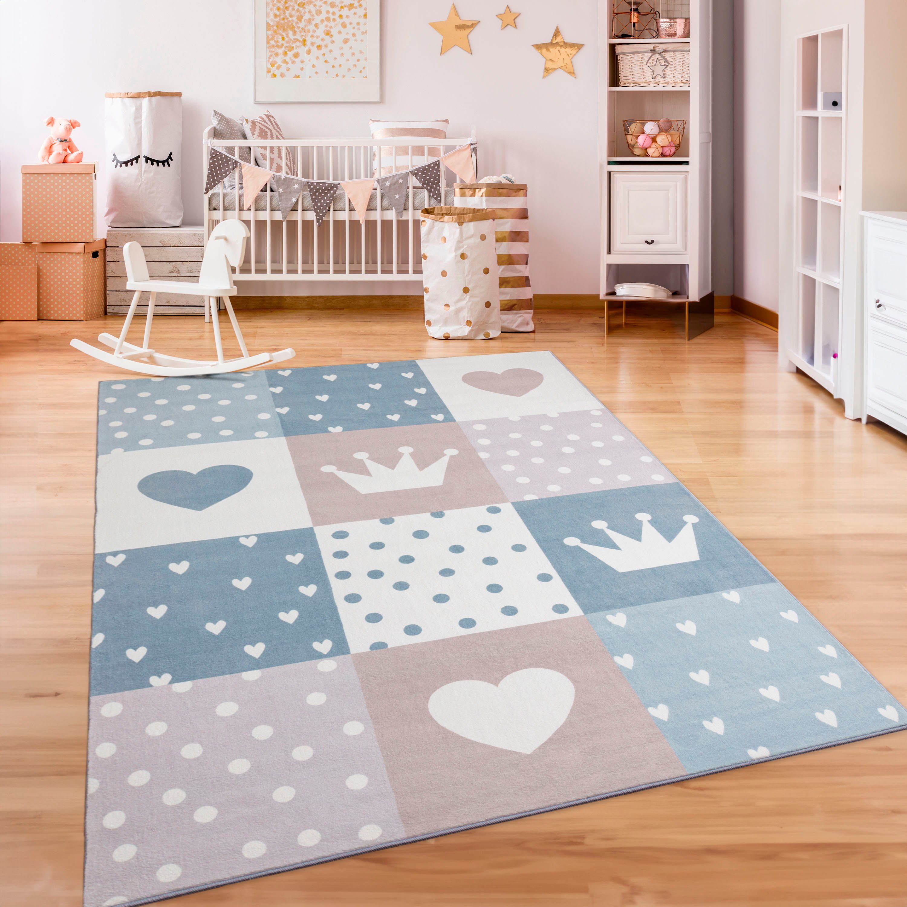 Paco Home Kinderteppich Eliz 391, rechteckig, Höhe: 12 mm, Kurzflor, Spielteppich, Patchwork-Muster, Motiv Krone, Herz & Punkte