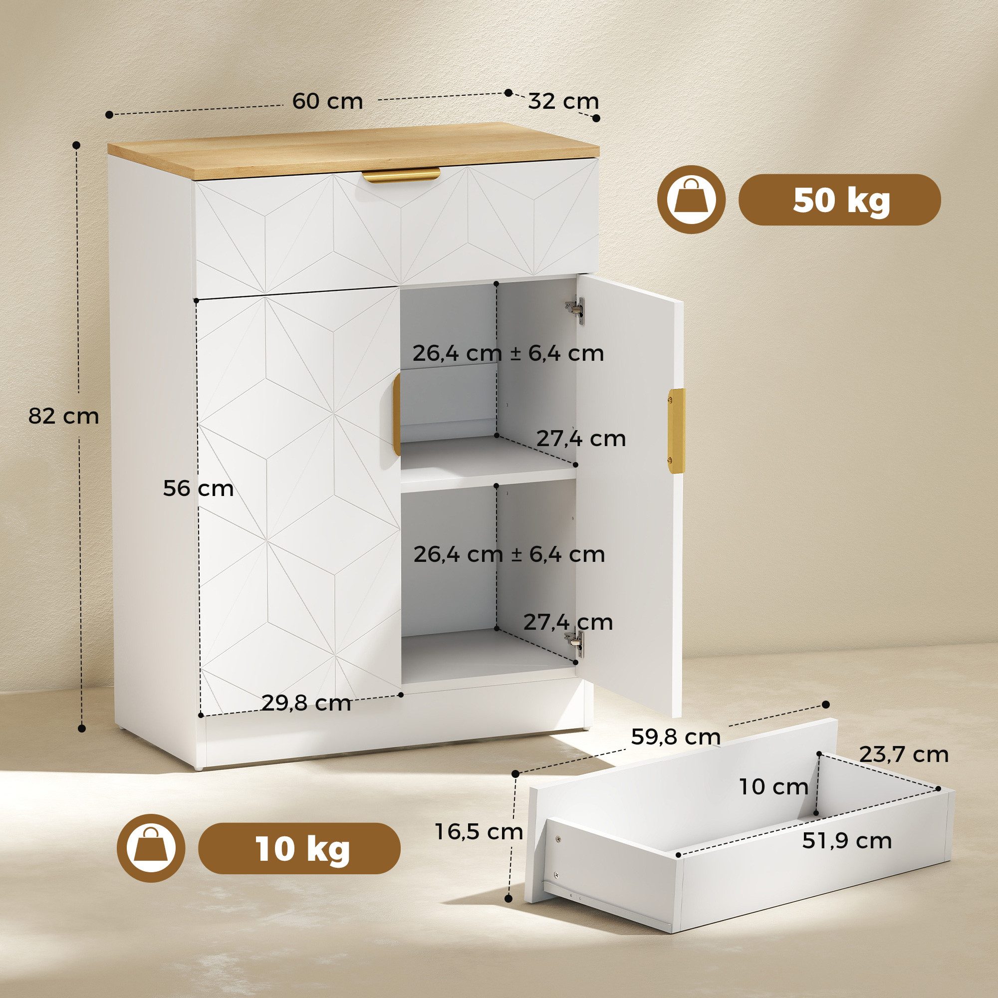 HOMCOM Sideboard Aufbewahrungsschrank Beistellschrank mit Schublade (Set, 1 St., 1), Mit zwei höhenverstellbaren Einlegeböden. – Bild 3 von 5
