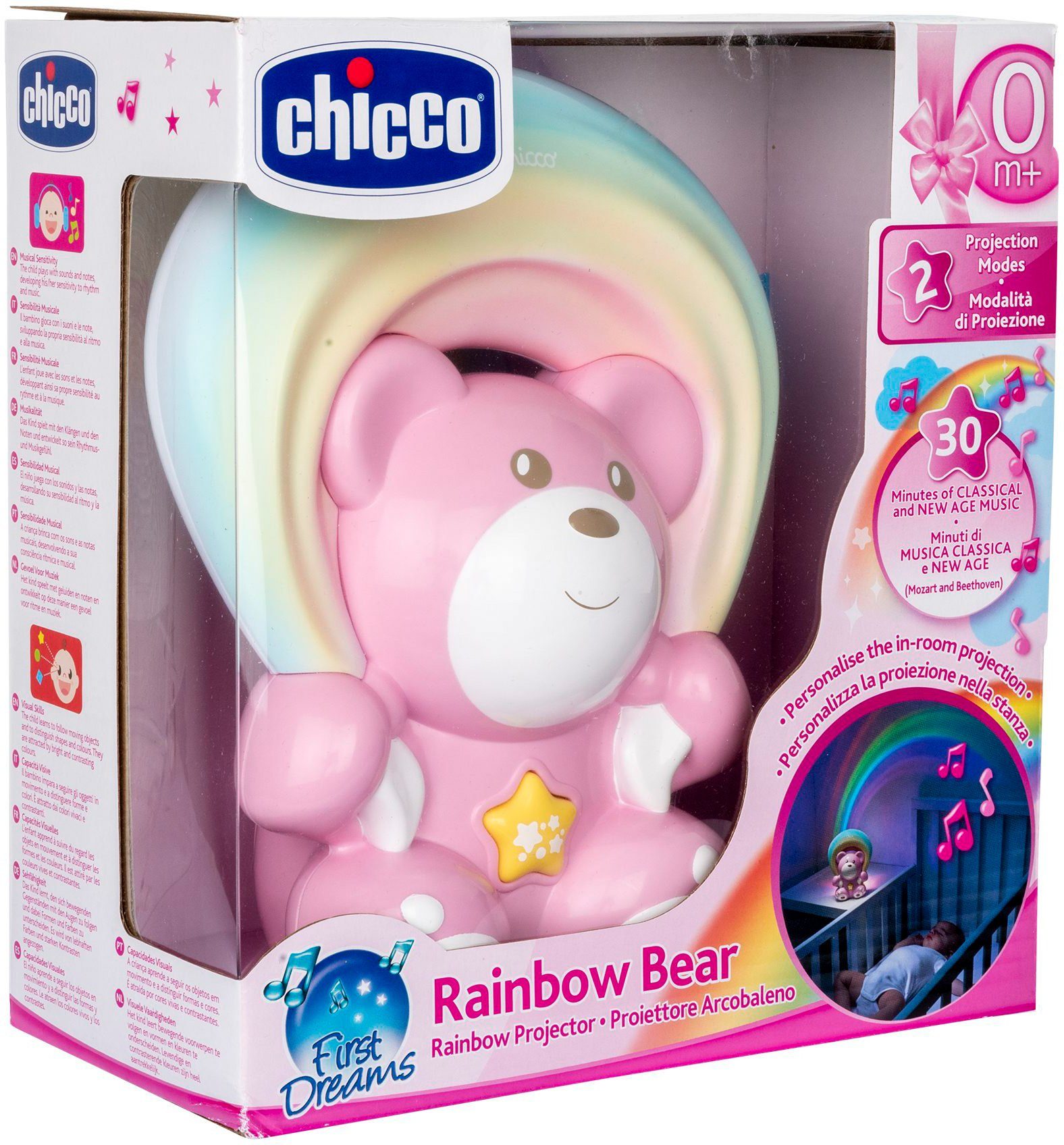 Deckenprojektion, mit Melodien Chicco Einschlafhilfe, Nachtlichtfunktion, Regenbogenprojektor Rosa, Bär, Nachtlicht Melodien,