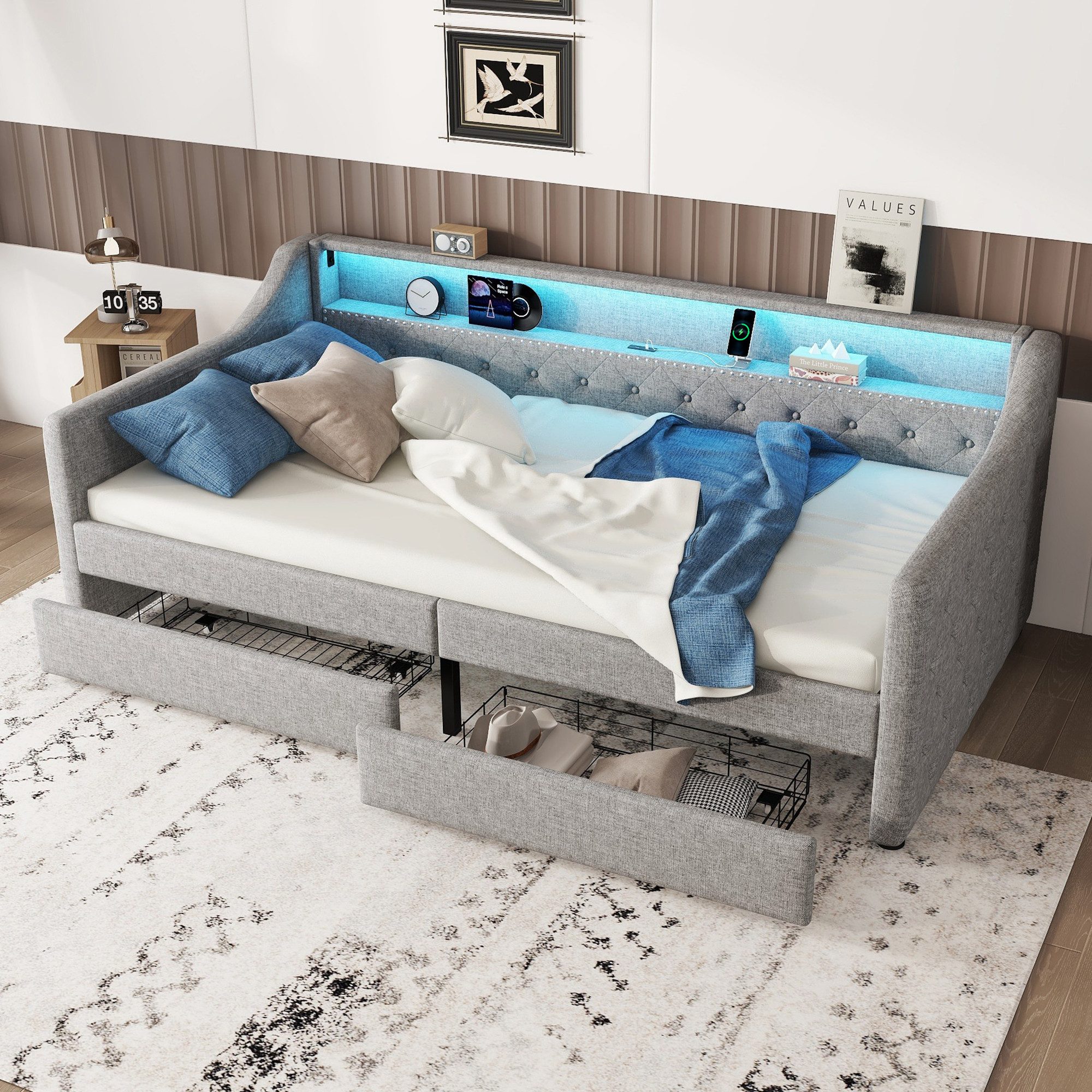 Flieks Daybett, LED Polsterbett Tagesbett 90x200cm mit 2 Schubladen, USB-Ladebuchse