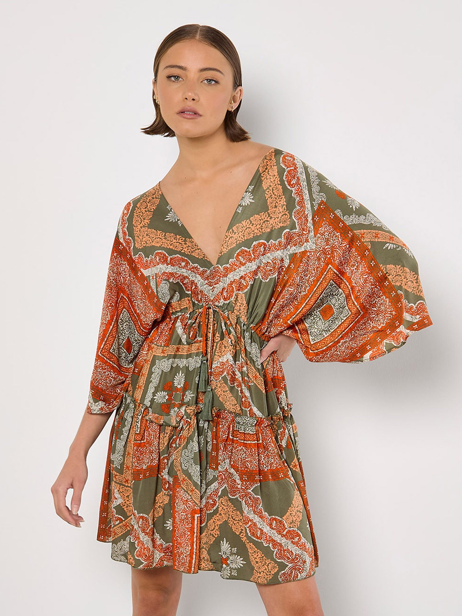 Minikleid Kaftan-Minikleid mit Satinschal