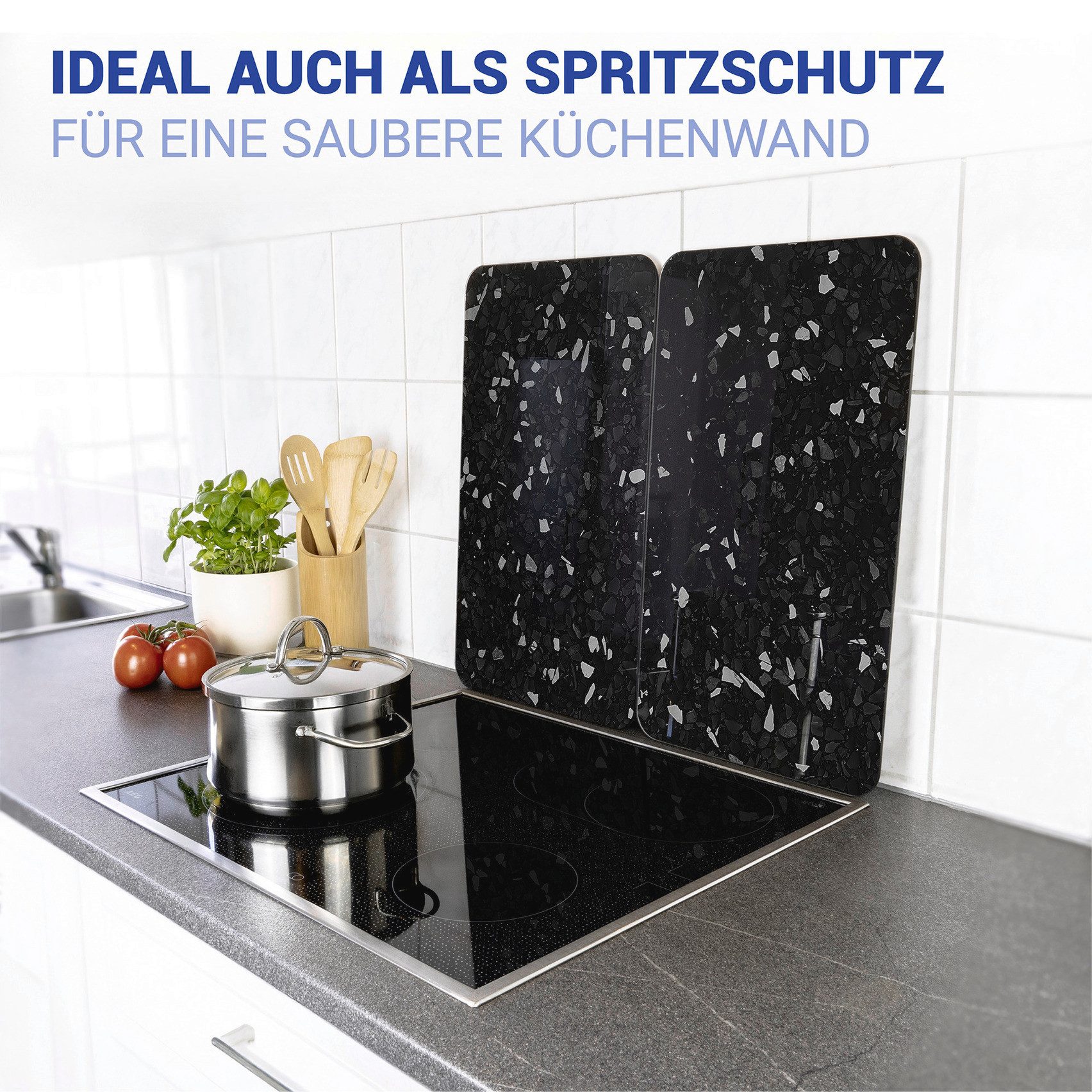 WENKO Herd-Abdeckplatte Universal Modell Terrazzo, Glas, (Set, 2 tlg), Herdabdeckung für alle Herdarten, kratzfest, mit rutschfesten Füßen
