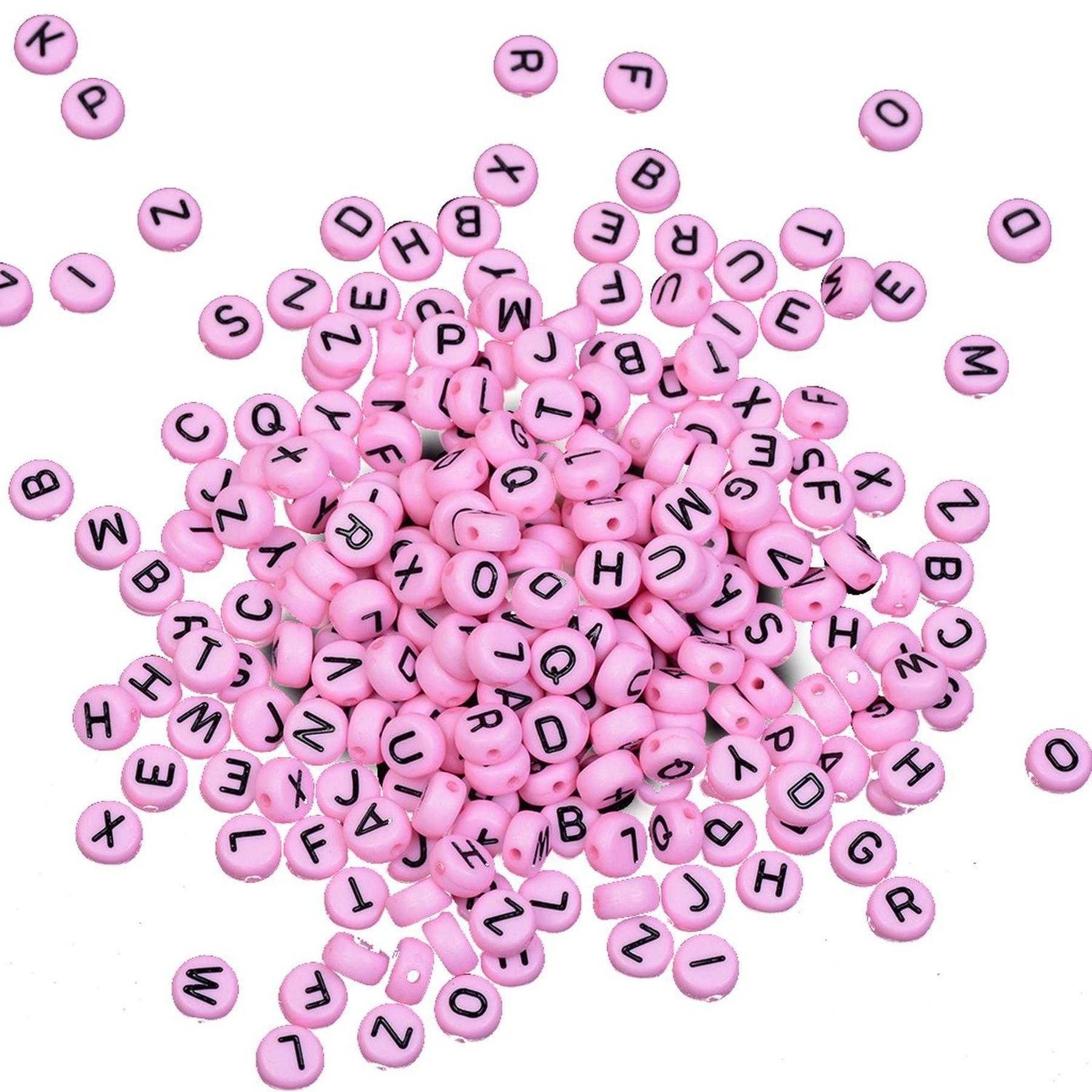 Kopper-24 Bastelperlen Buchstaben Perlen, 250 Stück, 4x7 mm, rosa mit schwarz, rund, Buchstab, (250-tlg)