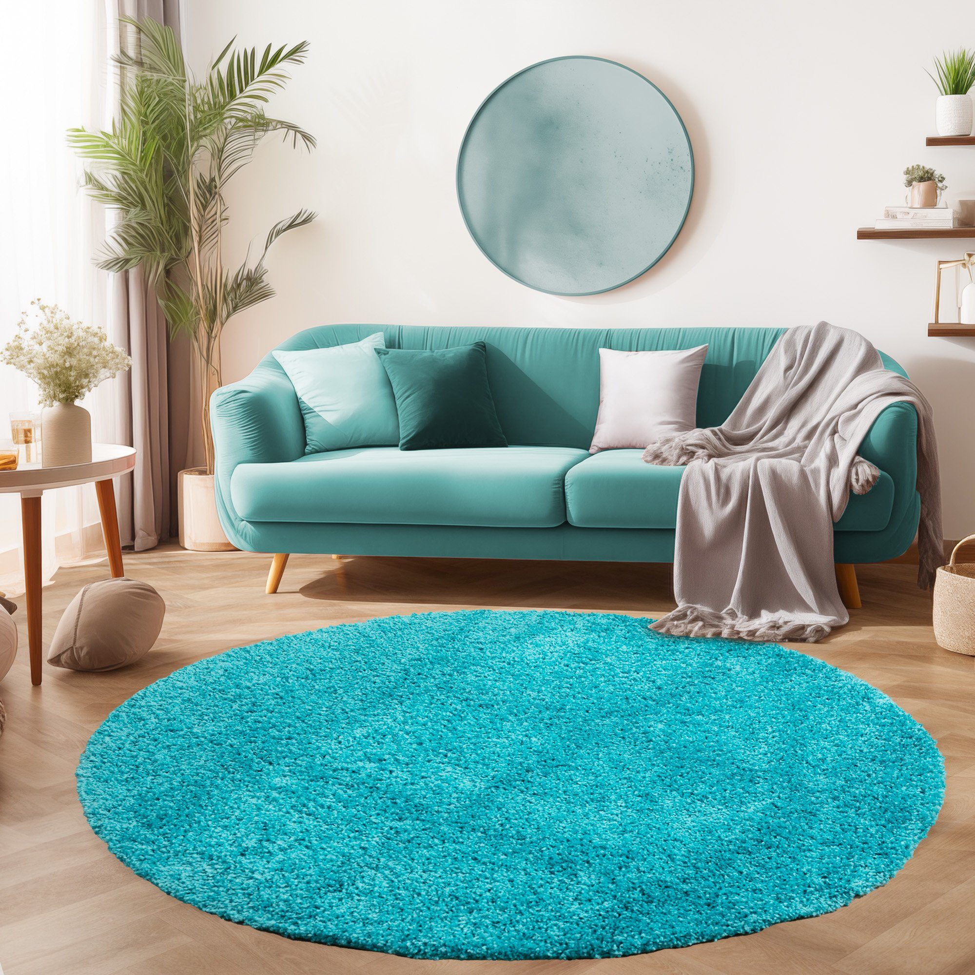 SIMPEX24 Teppich Unicolor - Einfarbig, Rund, Höhe: 30 mm, Einfarbig Shaggy Teppich Wohnzimmer Langflor Versch. Farben und Größen
