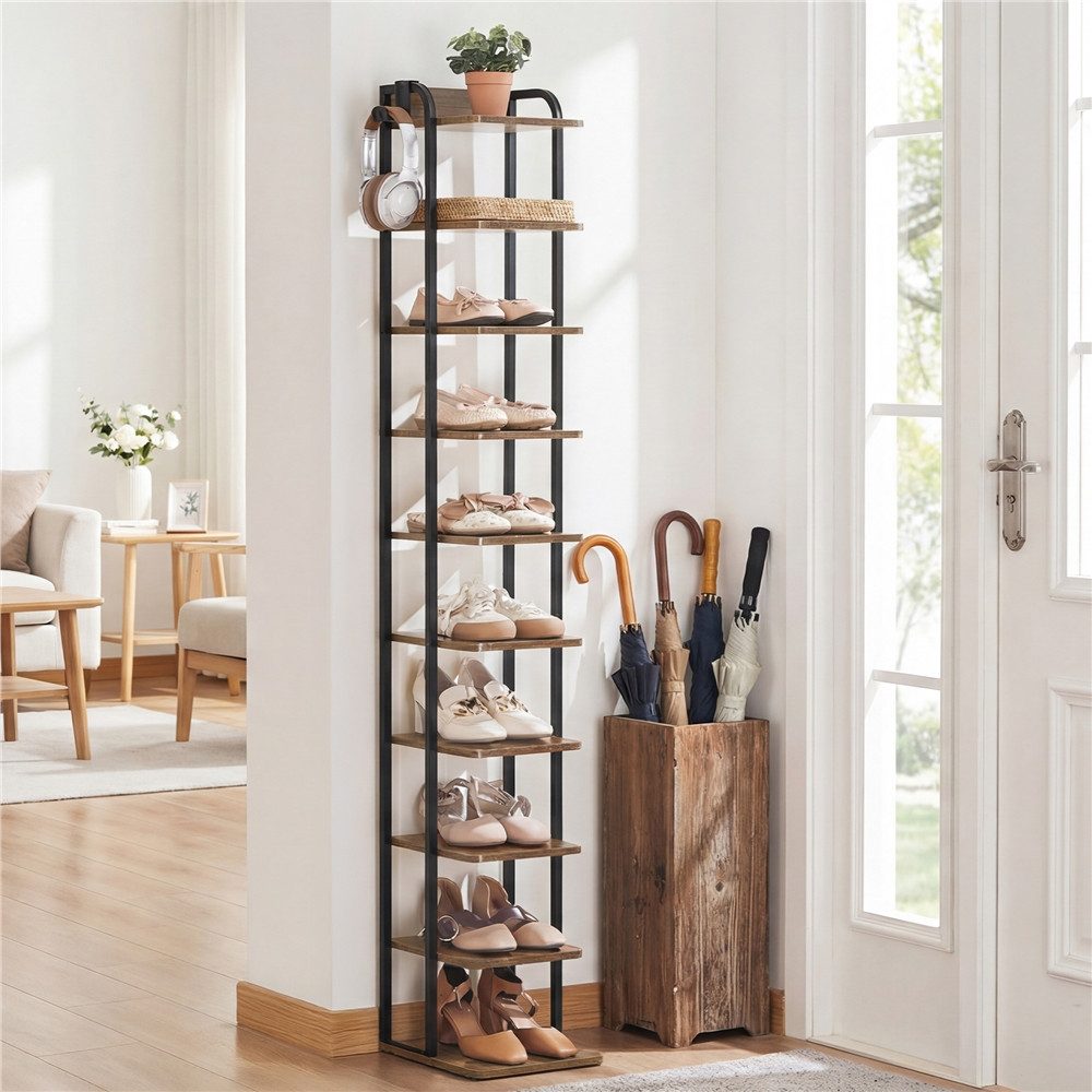 Yaheetech Schuhregal Schmaler Schuhschrank im Vintage-Stil mit Metallkonstruktion, Schuh-Organizer mit 10 Ebenen 30 cm L × 26,5 cm B × 162 cm H