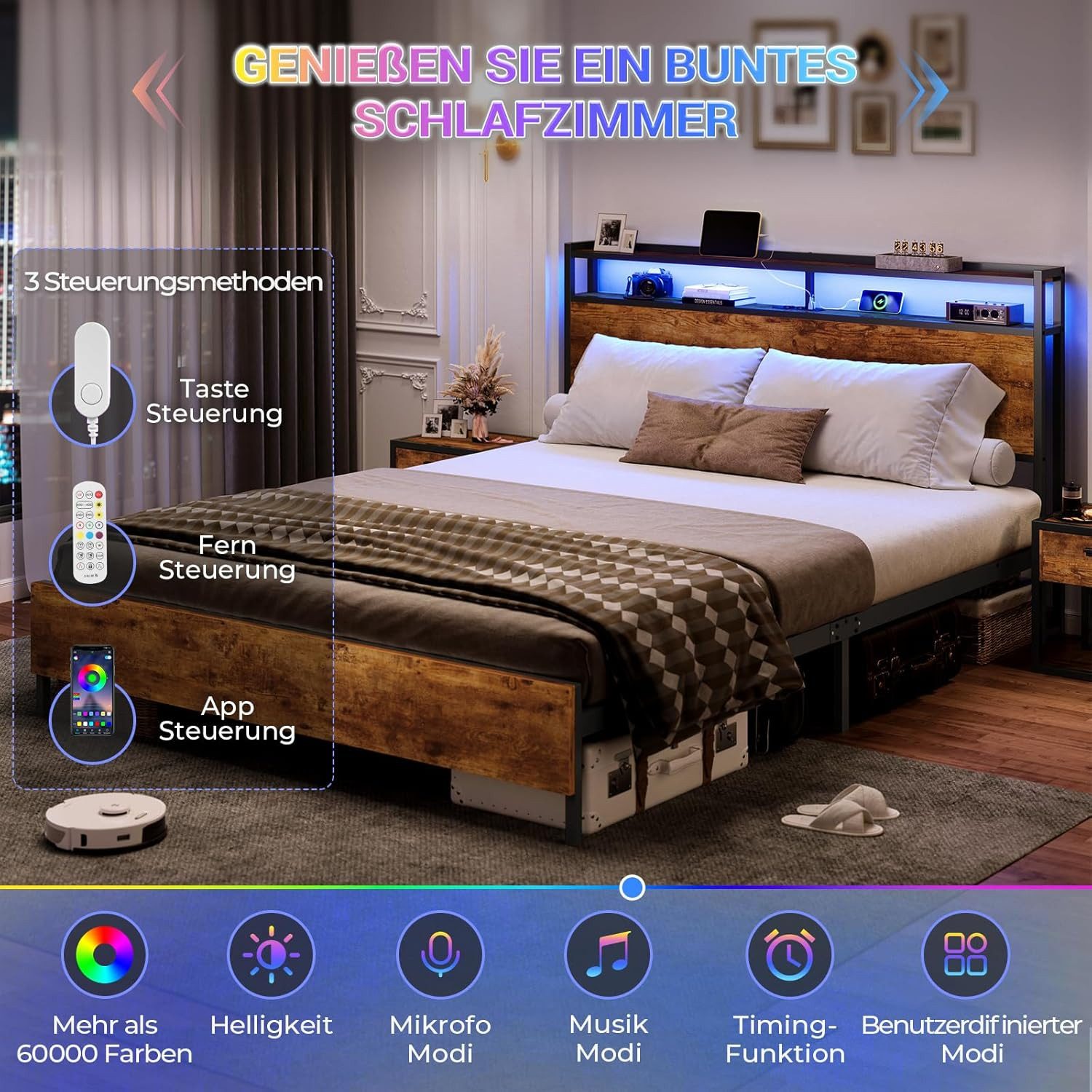 MSMASK Bett Bett mit LED Beleuchtung, Metallbett mit Steckdose, Braun, mit günstig online kaufen