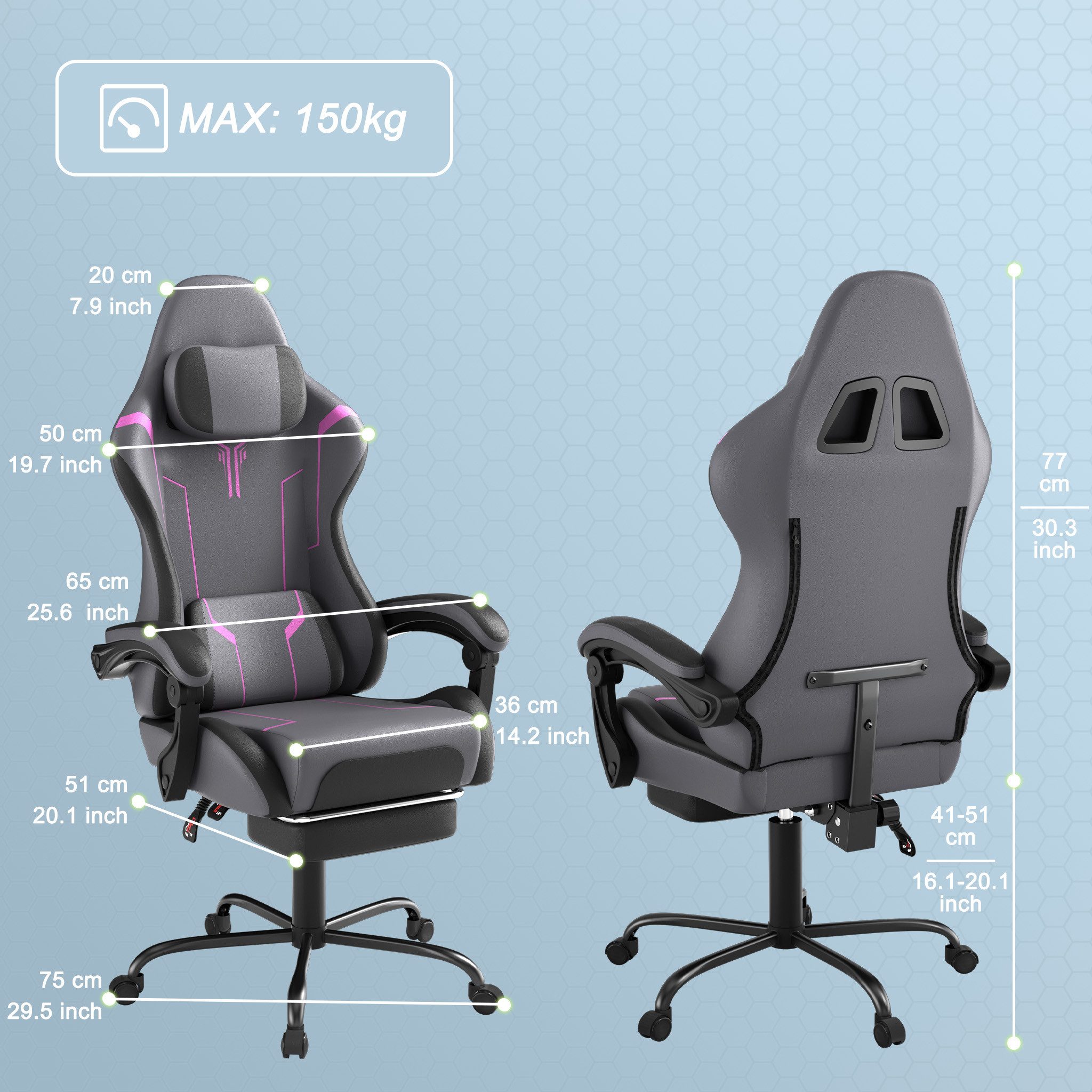 FIVMEN Gaming-Stuhl Racing Ergonomischer Computer-Bürostuhl mit Massage-Lendenkissen, Ausziehbarer Fußstütze Lordosenstütze Kopfstütze, höhenverstellbarer