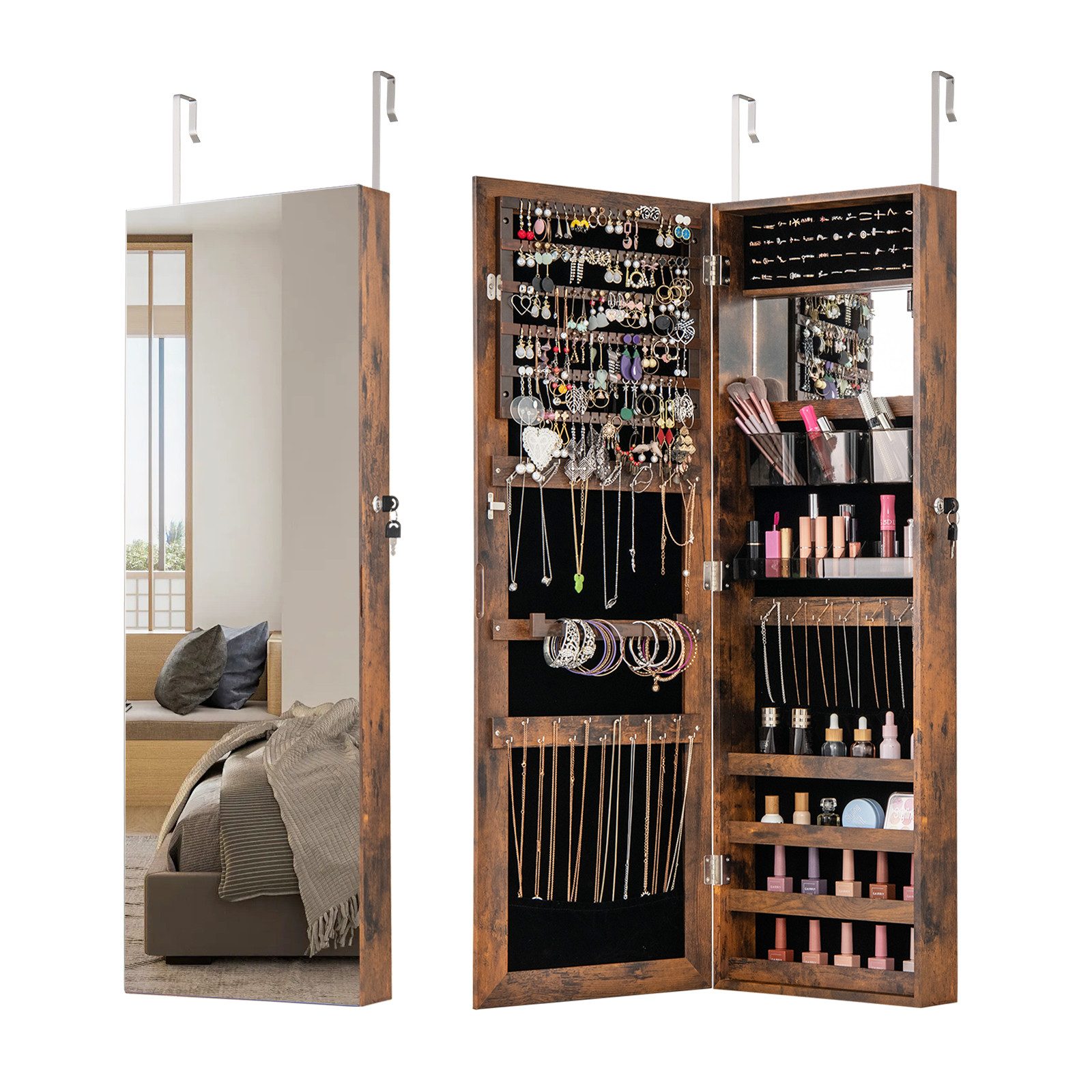 COSTWAY Schmuckschrank 2 in 1, mit Spiegel, abschließbar, Tür-/Wandmontage