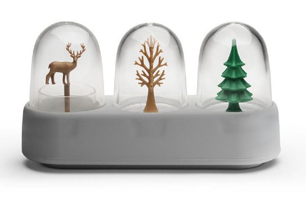 Qualy Design Salz- / Pfefferstreuer & Zahnstocher-Halter Forest, (ca. 17 x 5,5 x 9,5 cm, 4-tlg), Kunststoff, Tanne, Hirsch, 2 Streuer, 1 Behälter & 1 Tablett im Set