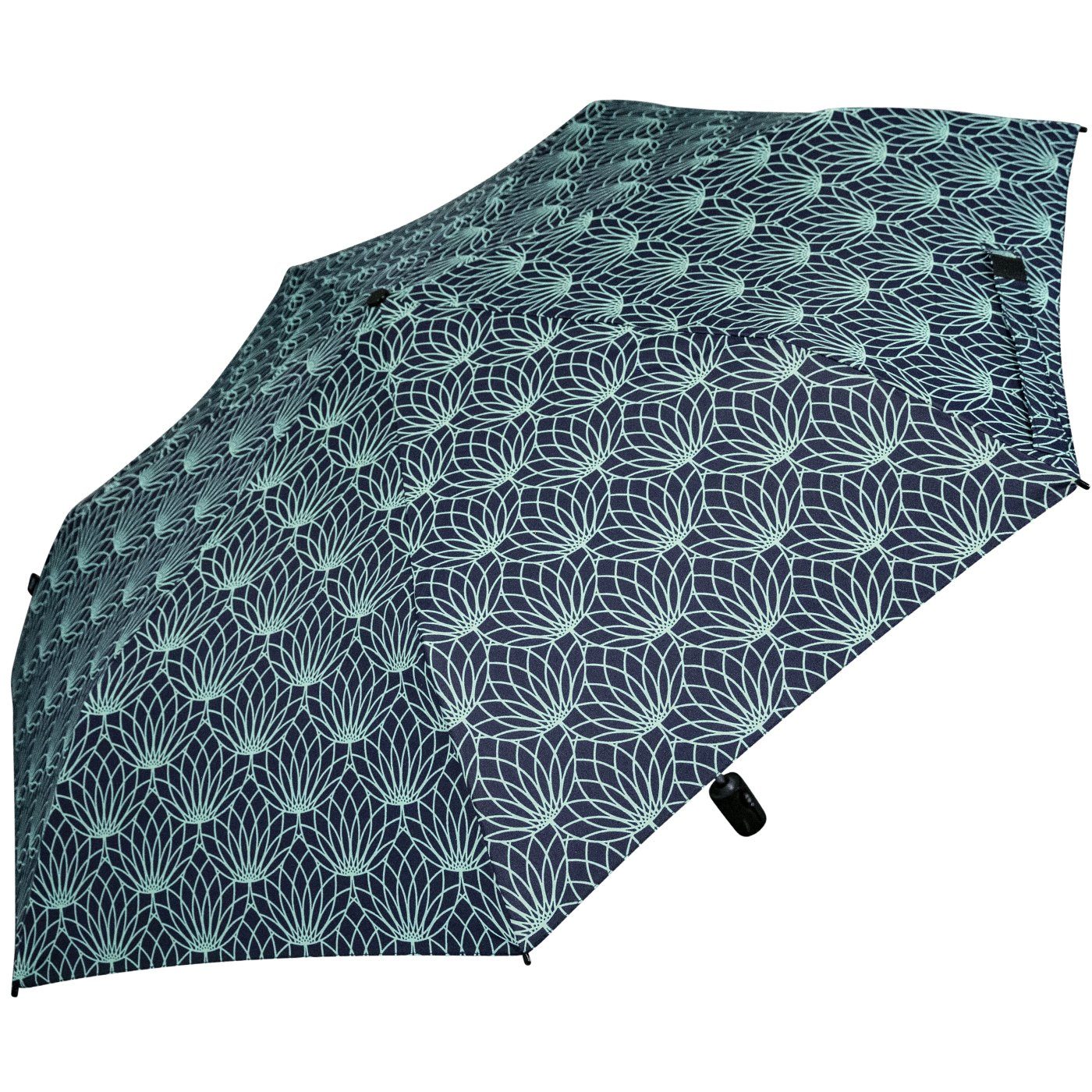 - mit green Schirm Linien Knirps® Auf-Zu-Automatik, mit Taschenregenschirm schwarz-türkis UV-Schutz leichter, Renature kompakter