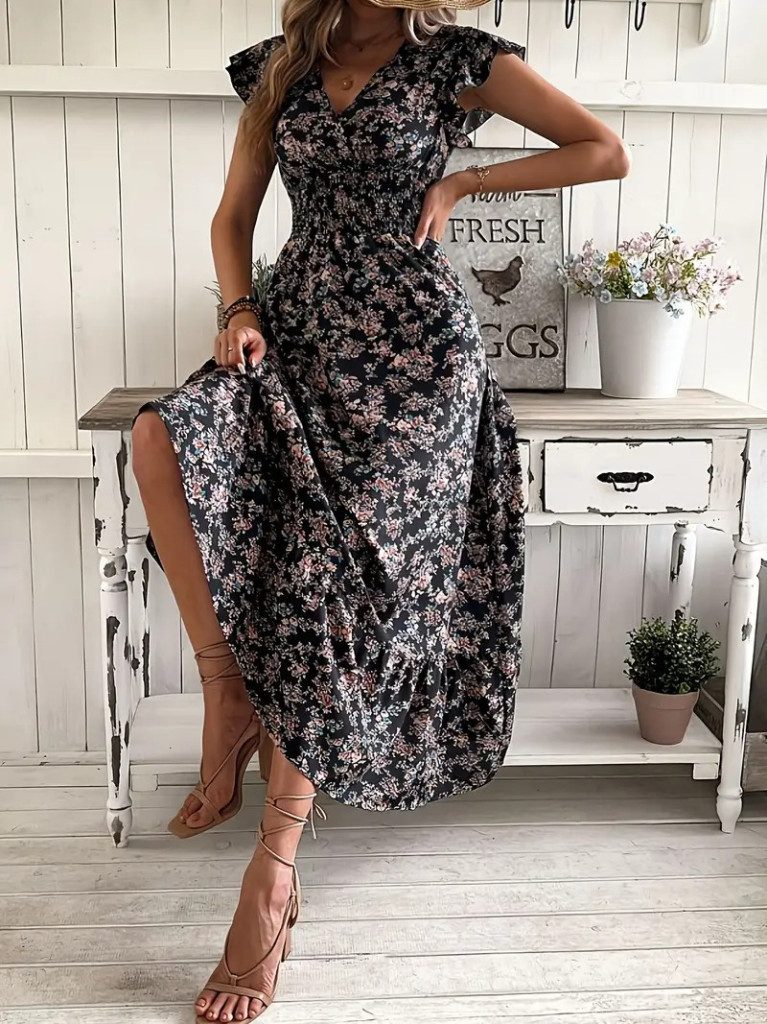 Midikleid JANE'S Damen Kurzarm Doppelreiher Elastische Taille Blumenmuster Kleid