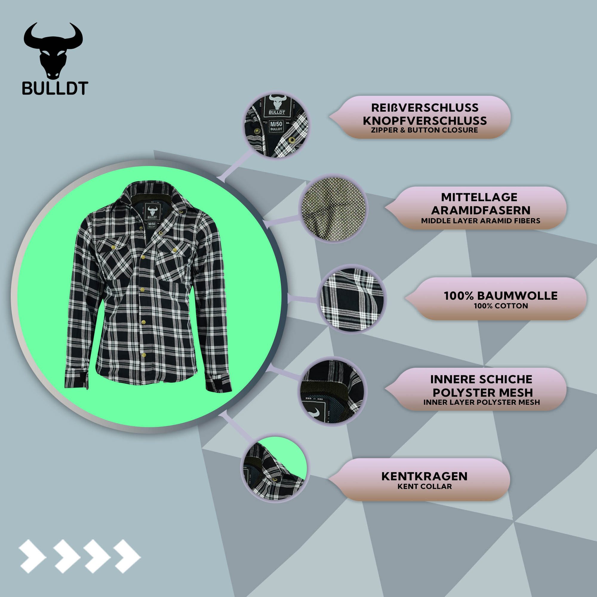BULLDT Motorradjacke BLD1201 (mit 4 CE-Protektoren) BULLDT Herren Motorradhemd Holzfäller-Look Hemd