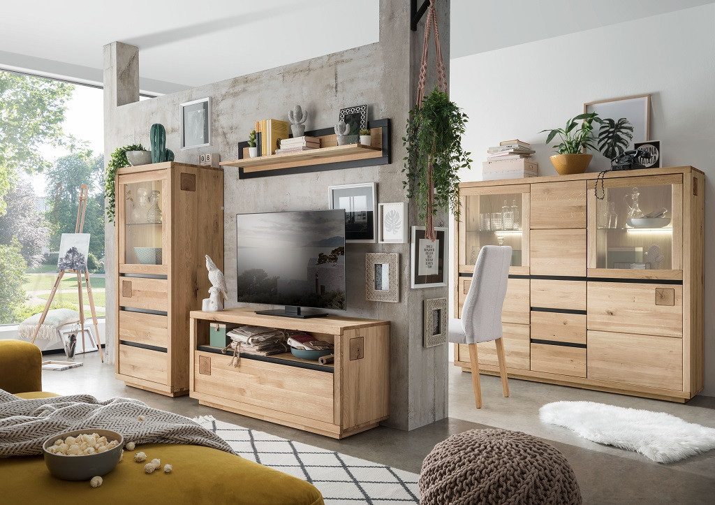 Main Möbel TV-Board TV Board 215x56cm "Bergamo" Wildeiche geölt WZ-0159, Front mit Hirnholzelementen