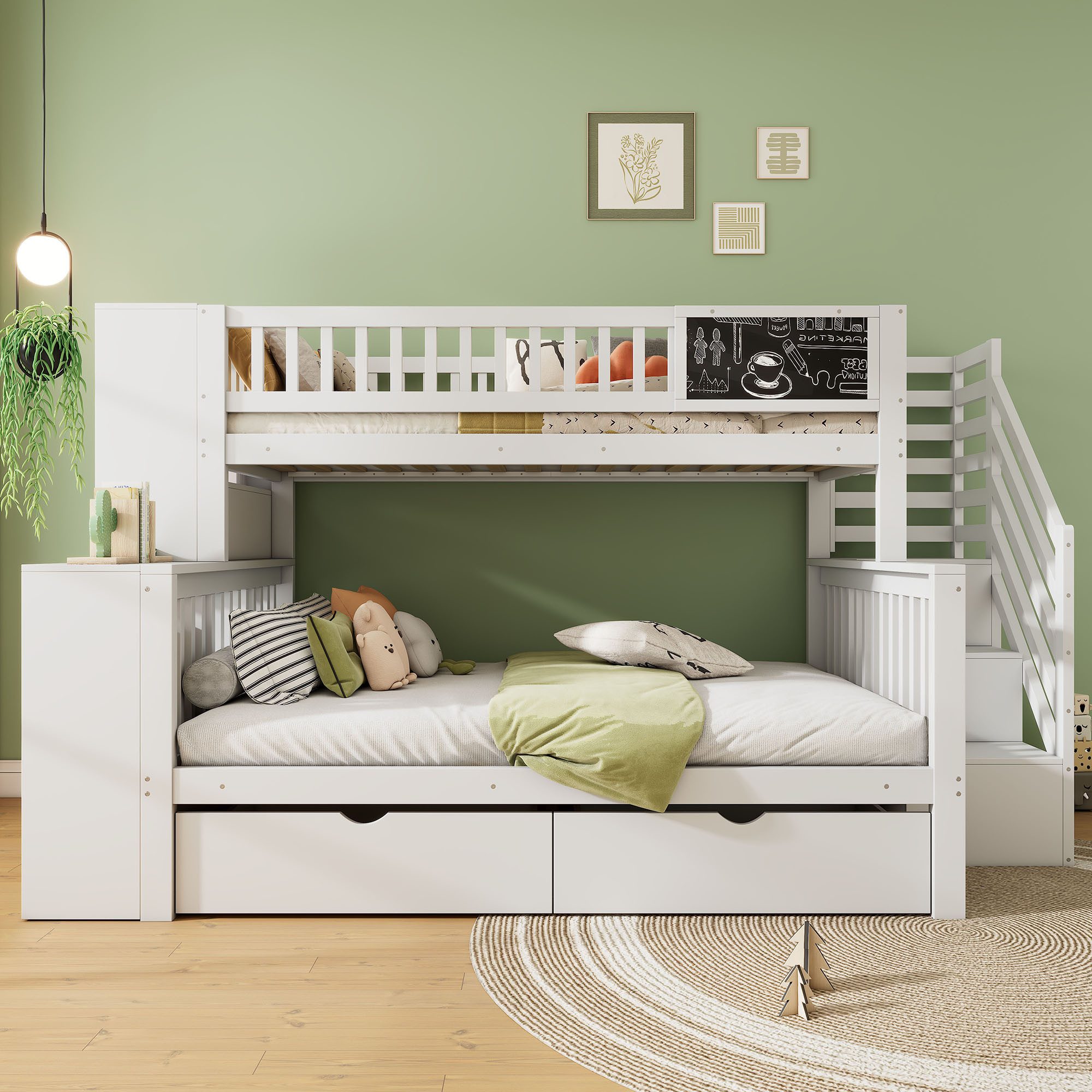 Flieks Etagenbett, Kinderbett 90x200cm+140x200cm mit Tafel, 2 Schubladen, Stauraumtreppe
