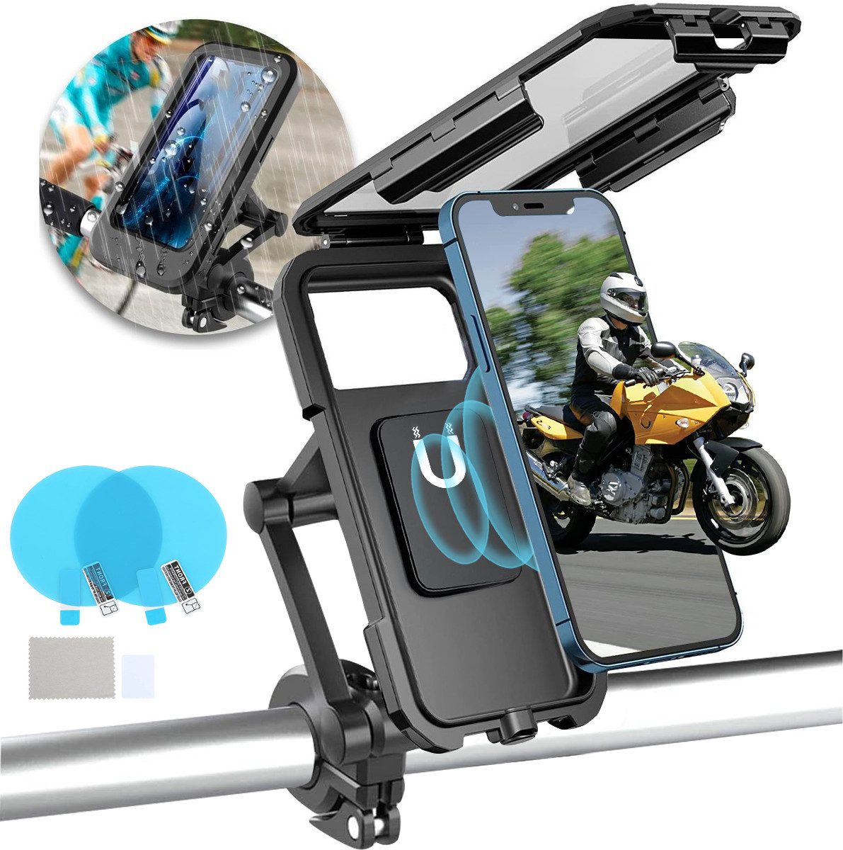 MOPUEA Smartphone-Halterung Wasserdicht Handyhalterung Handyhalter Fahrrad Lenkertasche Halter, (bis 6,4 Zoll, 1-tlg., 360° Drehbarem Fahrradhalterung Handy Halterung Fahrradlenker Tasche, Fahrradtasche mit Regenhaube für 6,4 Zoll Smartphone GPS)