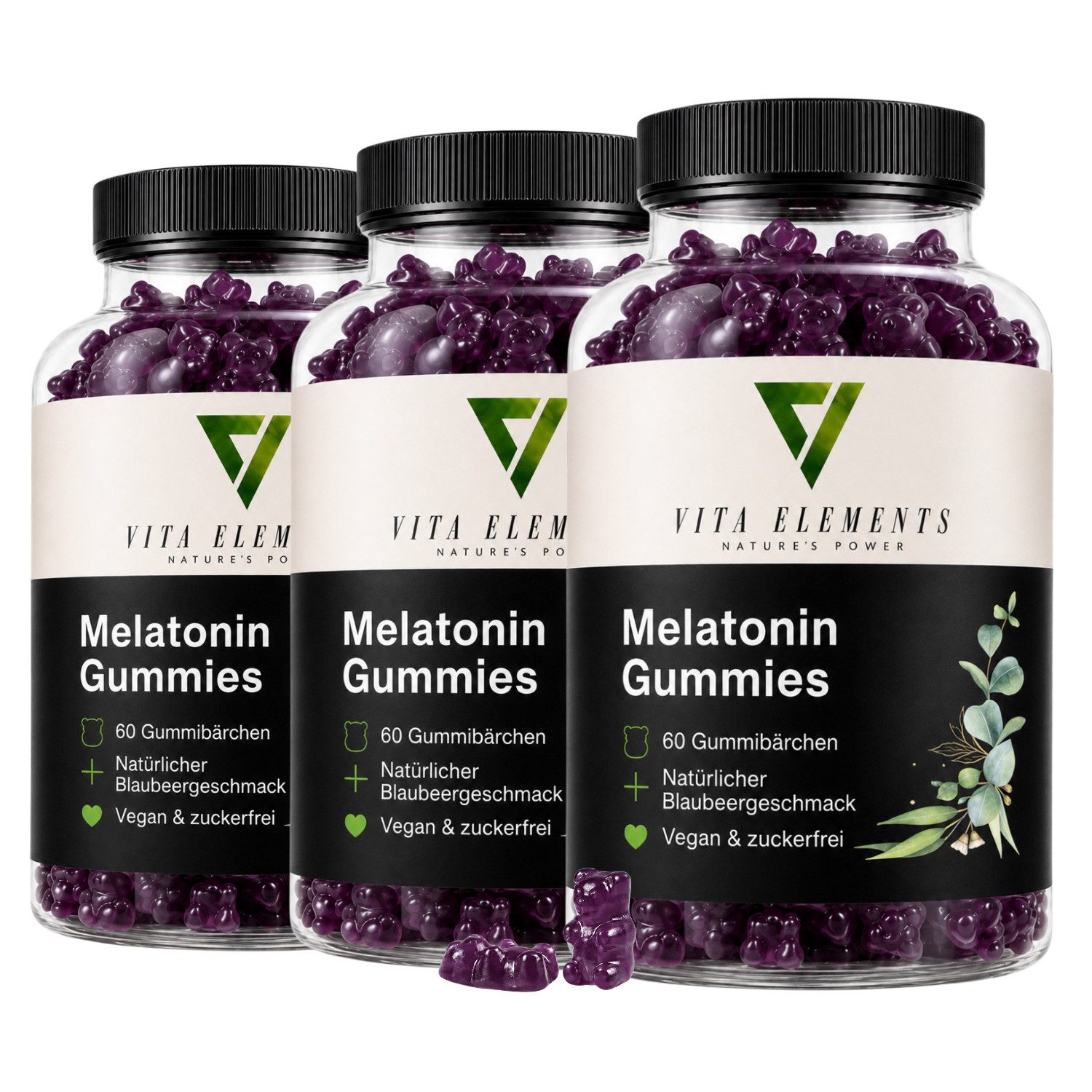 Vita Elements Melatonin Gummies - 0,5mg Melatonin mit Vitamin B6, 180 Gummibärchen, 3 er Spar-Set à 60 St., Vegan, Zuckerfrei, Blaubeergeschmack, Laborgeprüft in Deutschland