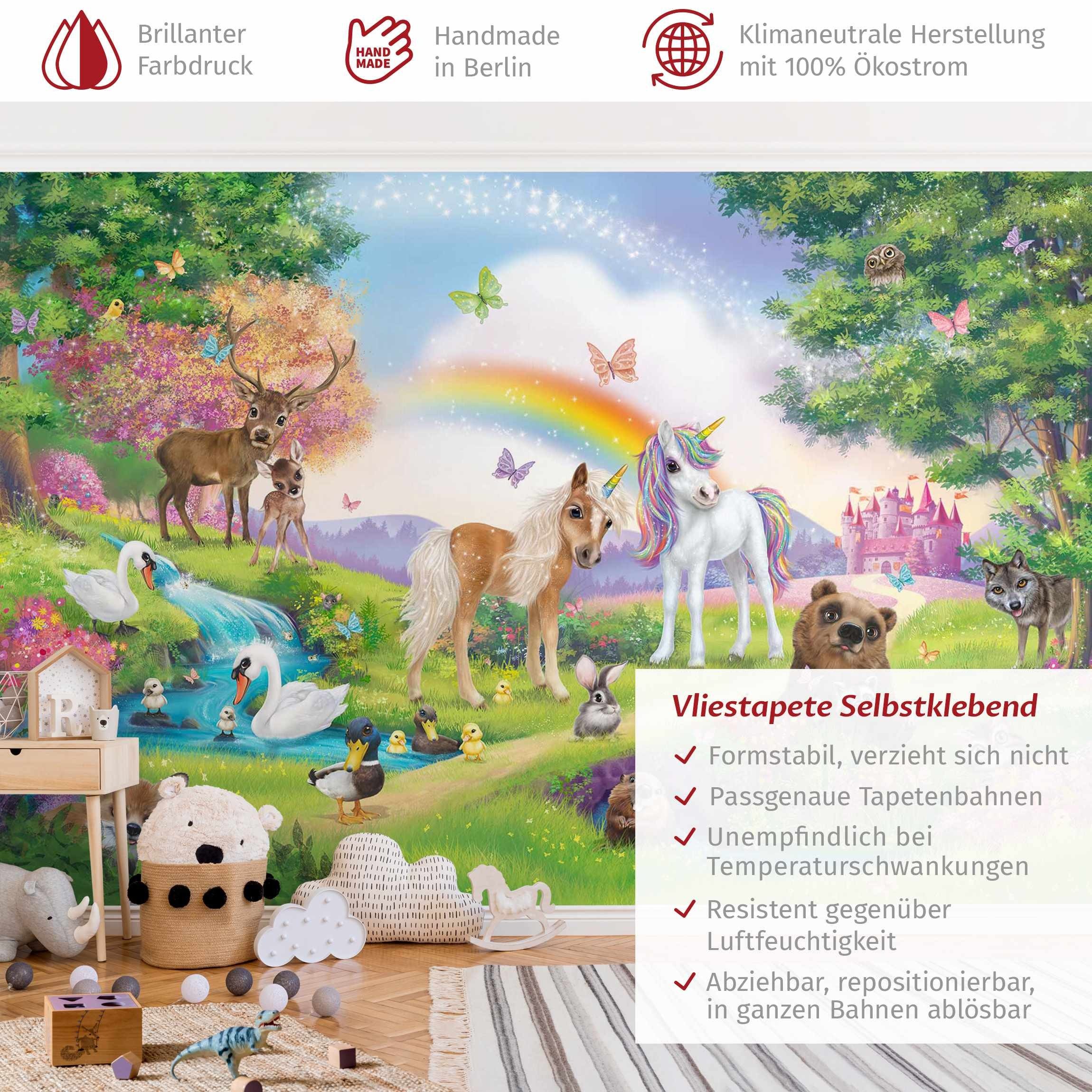 Bilderdepot24 Kindertapete Kinderzimmer Zauberwald mit Einhorn Kinder Wanddeko Regenbogen, Glatt, Matt, (Vliestapete inkl. Kleister oder selbstklebend), Mädchen – Bild 3 von 5