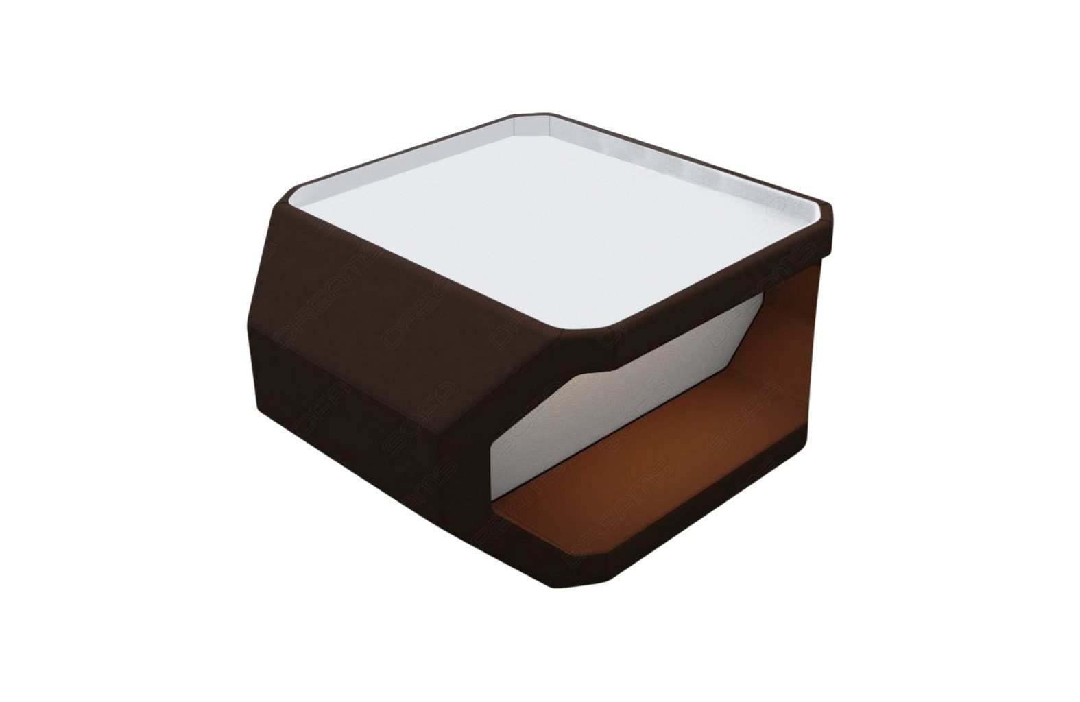 Sofa Dreams Couchtisch Asti, Mikrofaser Bezug in Dunkelbraun, Akzentfarbe Weiß, mit LED-Beleuchtung