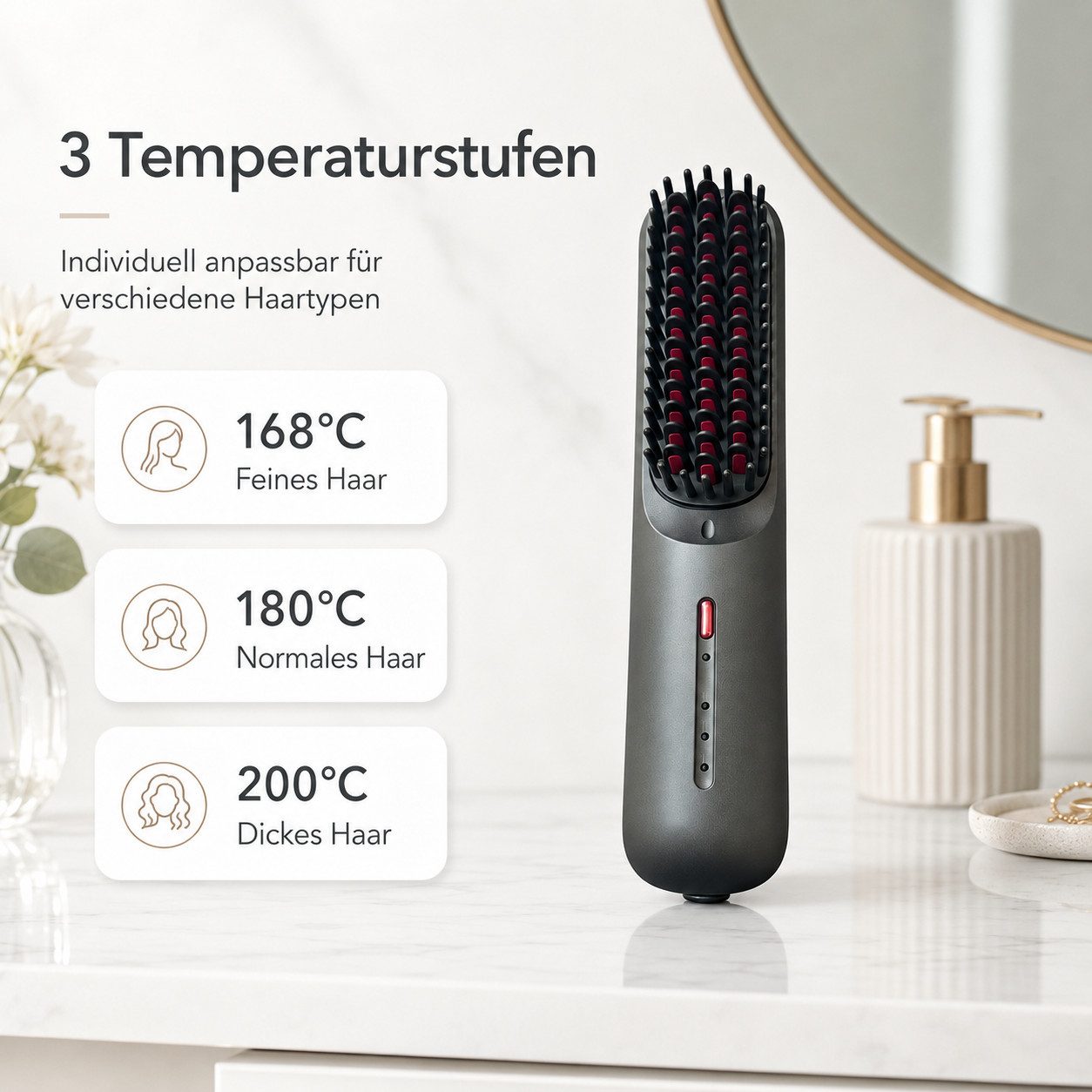 pedete Haarbürste Elektrohaarbürste Kabelloser beheizbarer Haarglättungskamm, Wärmebürste Wärmeschutzbeschichtung aus Keramik zum Schutz vor Verbrennungen, Mini Glätteisen Ionentechnologie,3 Temperaturstufen,160–200 °C schwarz