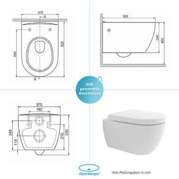 Alpenberger Tiefspül-WC - Hänge WC Komplettset inkl. abnehmbarer Toilettensitz, WC Becken Wandhängend, Abgang waagerecht, Wand WC Set, Tiefspüler WC mit Absenkautomatik Sitz - Made in EU - Passend Geberit