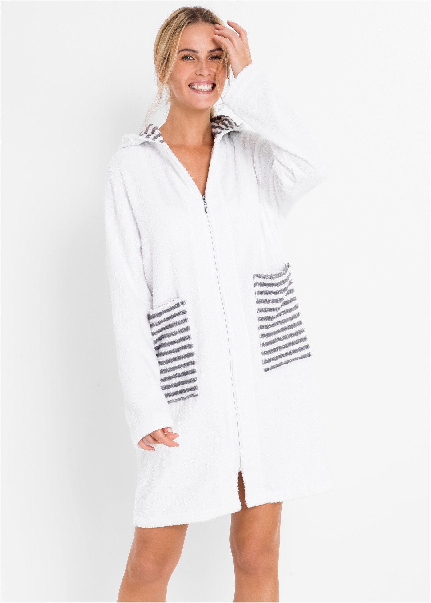 bonprix Bademantel, Midilänge, Baumwolle, Kapuze, Reißverschluss, Frottee a günstig online kaufen