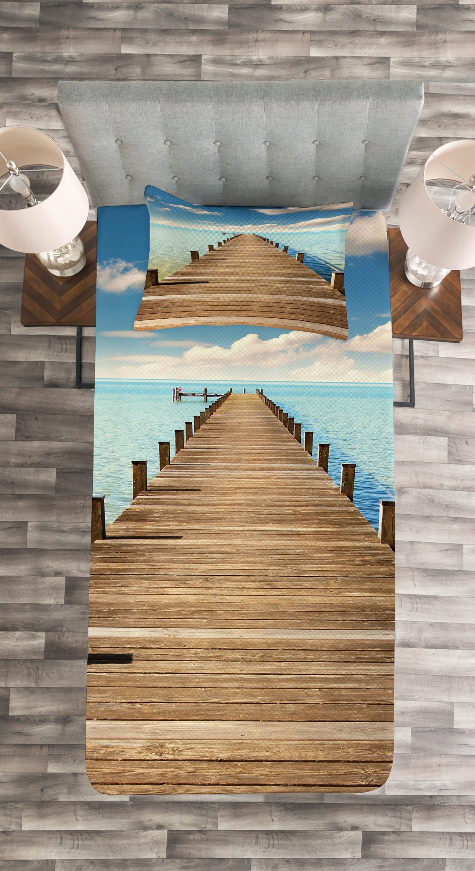 Waschbar, Tagesdecke Horizon Kissenbezügen Boardwalk Brücke Ocean Set Abakuhaus, mit