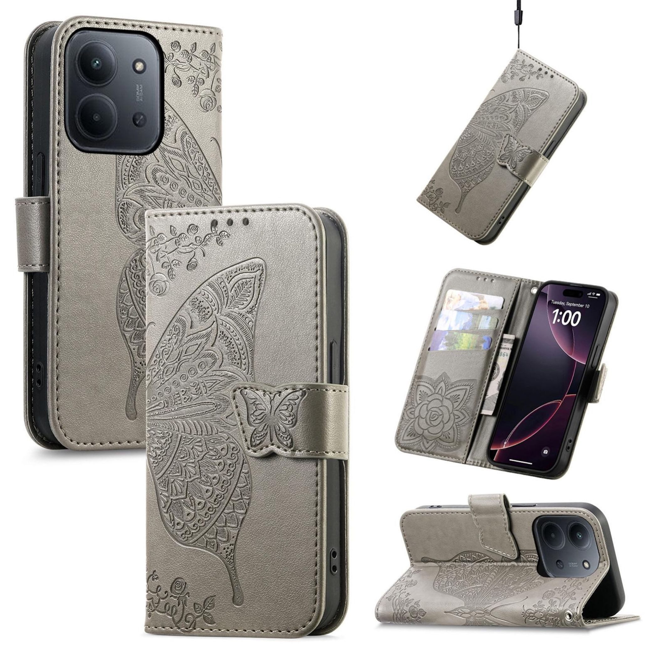 Wigento Smartphone-Hülle Für Xiaomi Redmi 15C 5G / 4G Kunstleder Schmetterling Book Hülle Grau, Kunst-Leder Schutzhülle Smart Case Cover magnetischer Verschluss