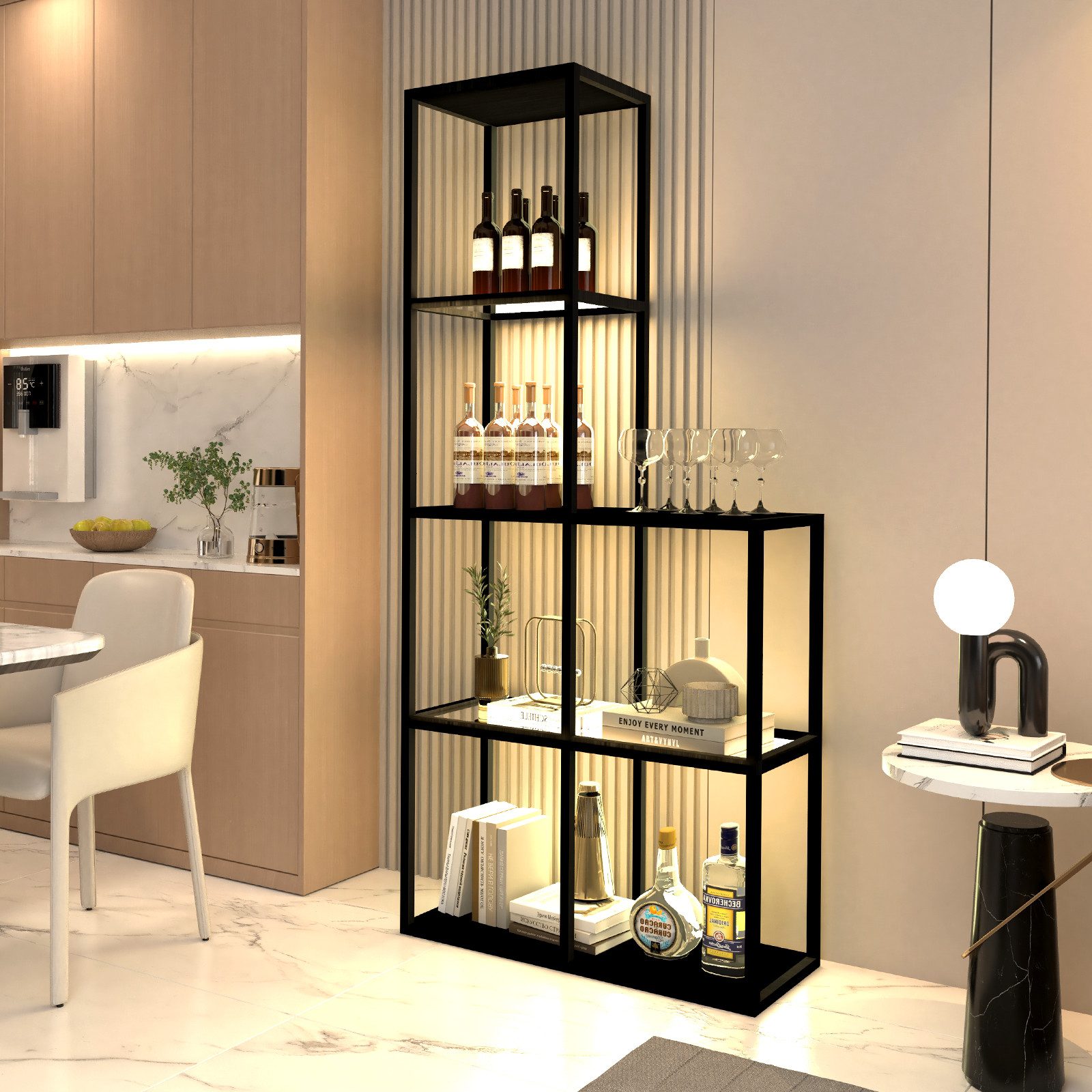 XERSEK Eckschrank Würfelregal mit LED, Glasablagen, Form-Lichtverstellbar, Raumteiler (78 cm × 30 cm × 168 cm, 2 Ablage links/rechts Verstellbar, Stufenregal, Viel Stauraum, Massivholz, Regal mit 6 Fächern) Für Bücher, Sammlerstücke, Kunstwerke und Pflanzen