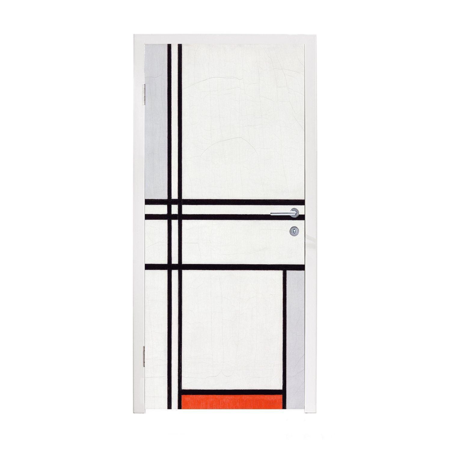 Komposition 1 Türtapete Grau und Tür, (1 Türaufkleber, MuchoWow mit St), Piet für Fototapete bedruckt, Rot - 75x205 Mondrian, Matt, cm