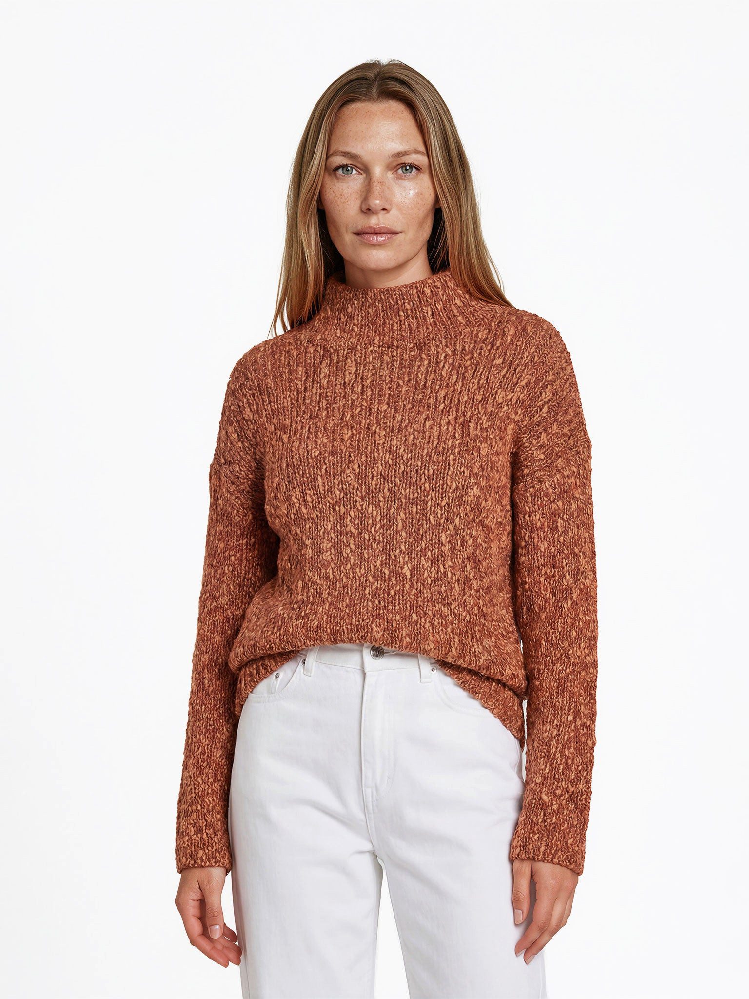 Himalaya Clothing Strickpullover Damen Woll Baumwollmix Stehkragen Langarm Relaxed Fit Grobmasche mit überschnittenen Schultern und voluminösen Ärmeln