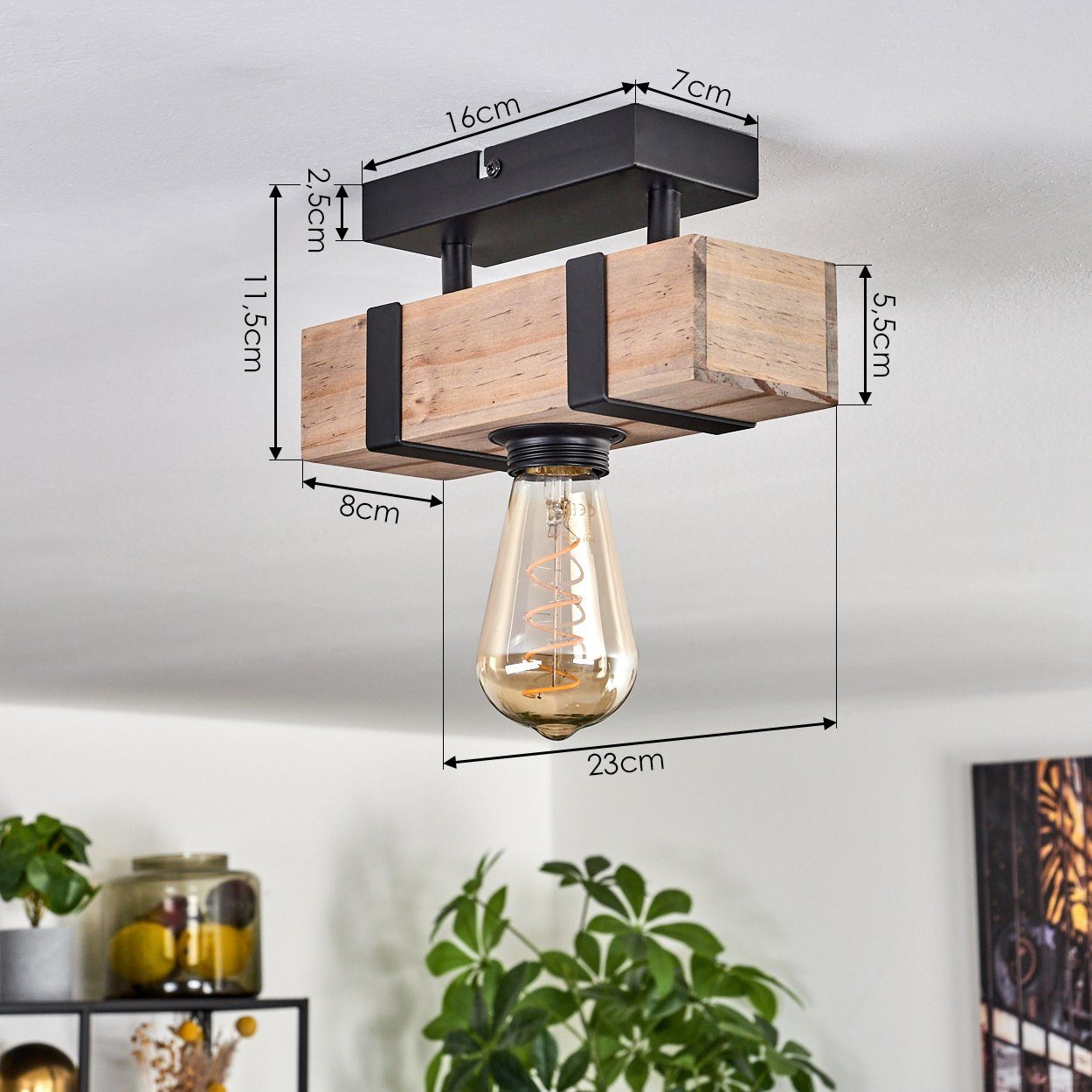 hofstein Deckenleuchte moderne Deckenlampe aus Metall/Holz in Schwarz/Natur, ohne Leuchtmittel, im industrial Design mit Holzbalken, 1 x E27, ohne Leuchtmittel – Bild 4 von 5