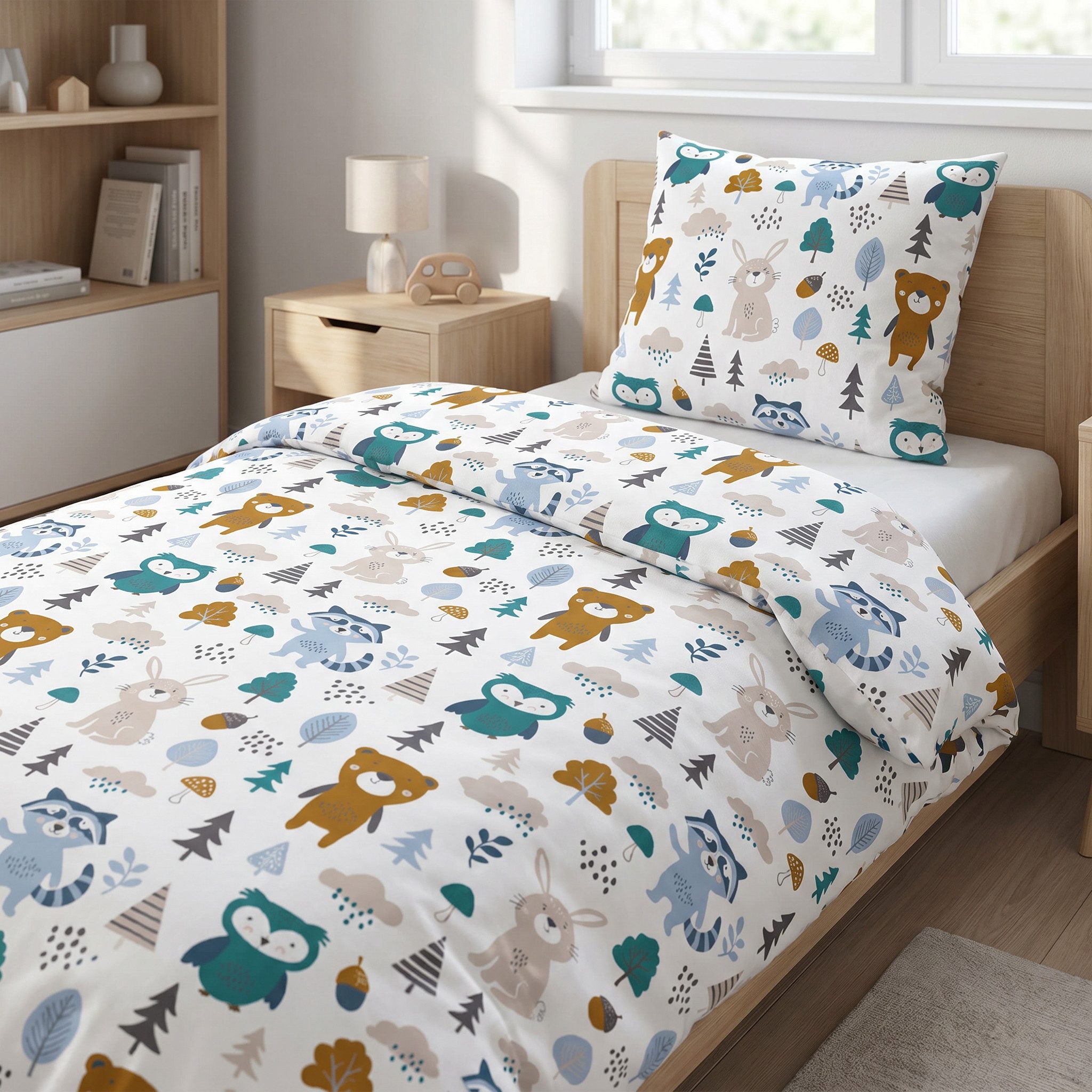 LINKHOFF Kinderbettwäsche Biber Bettwäsche 135x200 + 80x80 cm 2tlg. – Waldtiere, 100% Baumwolle – Kinderbettwäsche Jungen & Mädchen mit Reißverschluss