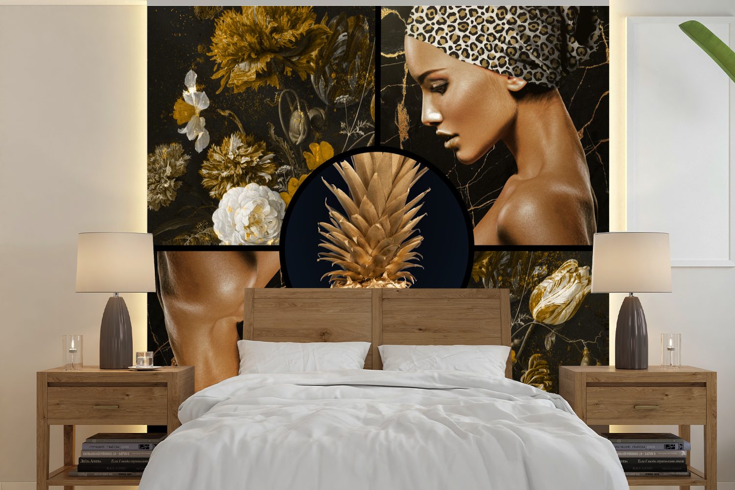 MuchoWow Fototapete Gold - Schwarz - Frauen - Blumen, Matt, bedruckt, (5 St), Vinyl Tapete für Wohnzimmer oder Schlafzimmer, Wandtapete