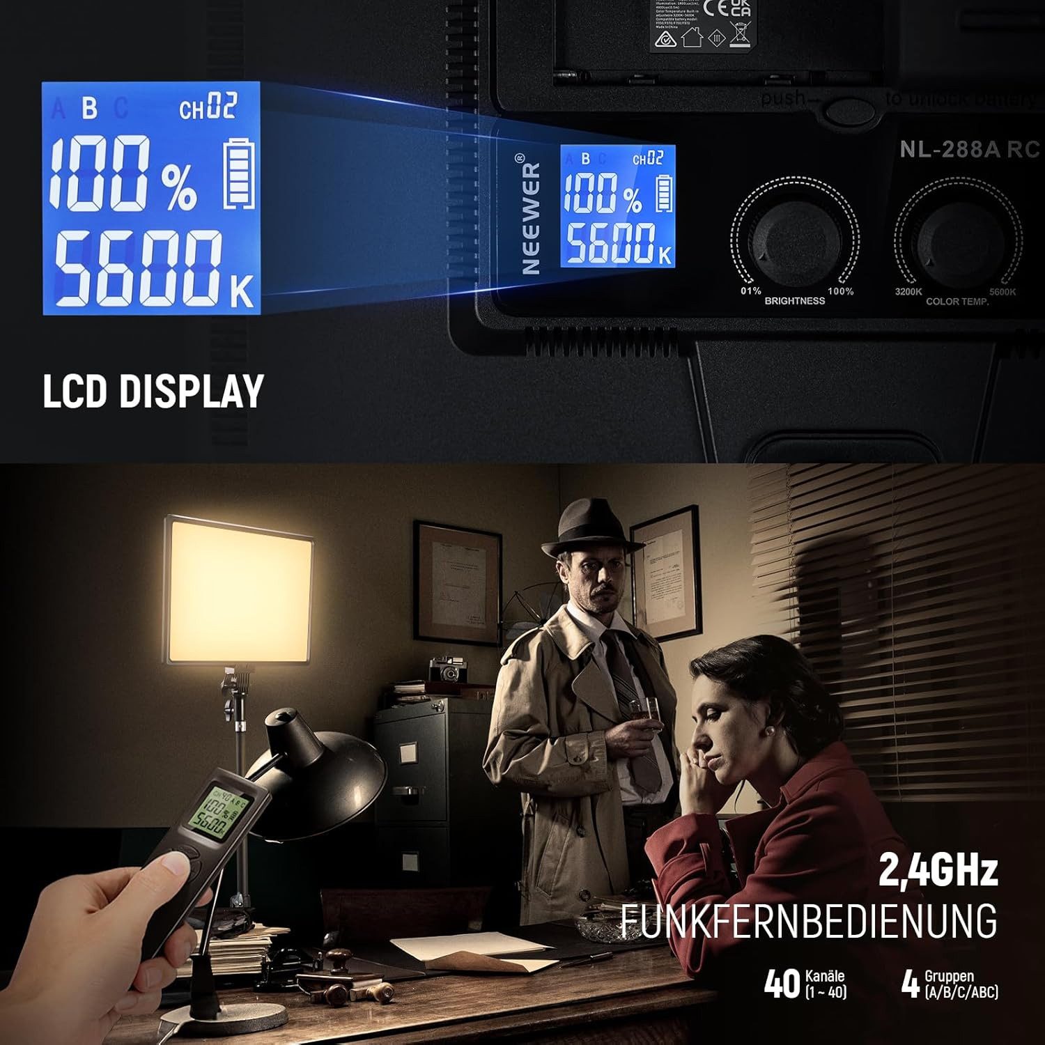 Neewer Videoleuchte 2 STK 18" LED Videolicht Panel Set, 45W Dimmbar Streaming licht, 3200K-5600K, CRI 97+ 4800Lux, mit Fernbedienung & Lichtständer