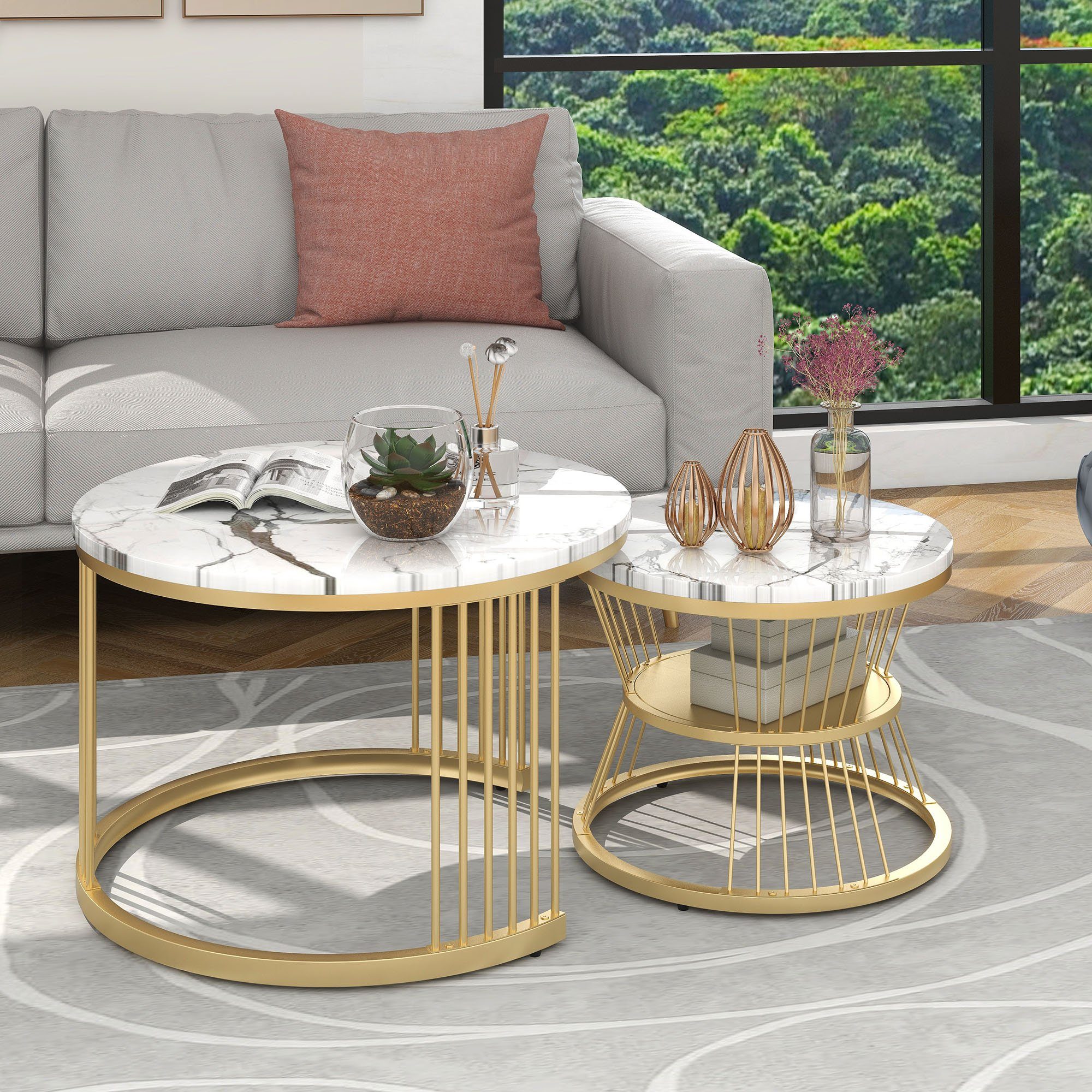 OKWISH Couchtisch und 2er Set, Goldene Satz von 2, Endtische), Beistelltisch Sofa Nest Furnier Weiß+Gold Frame Runde Seite Marmor von (Couchtisch Farbe Satz Tischen